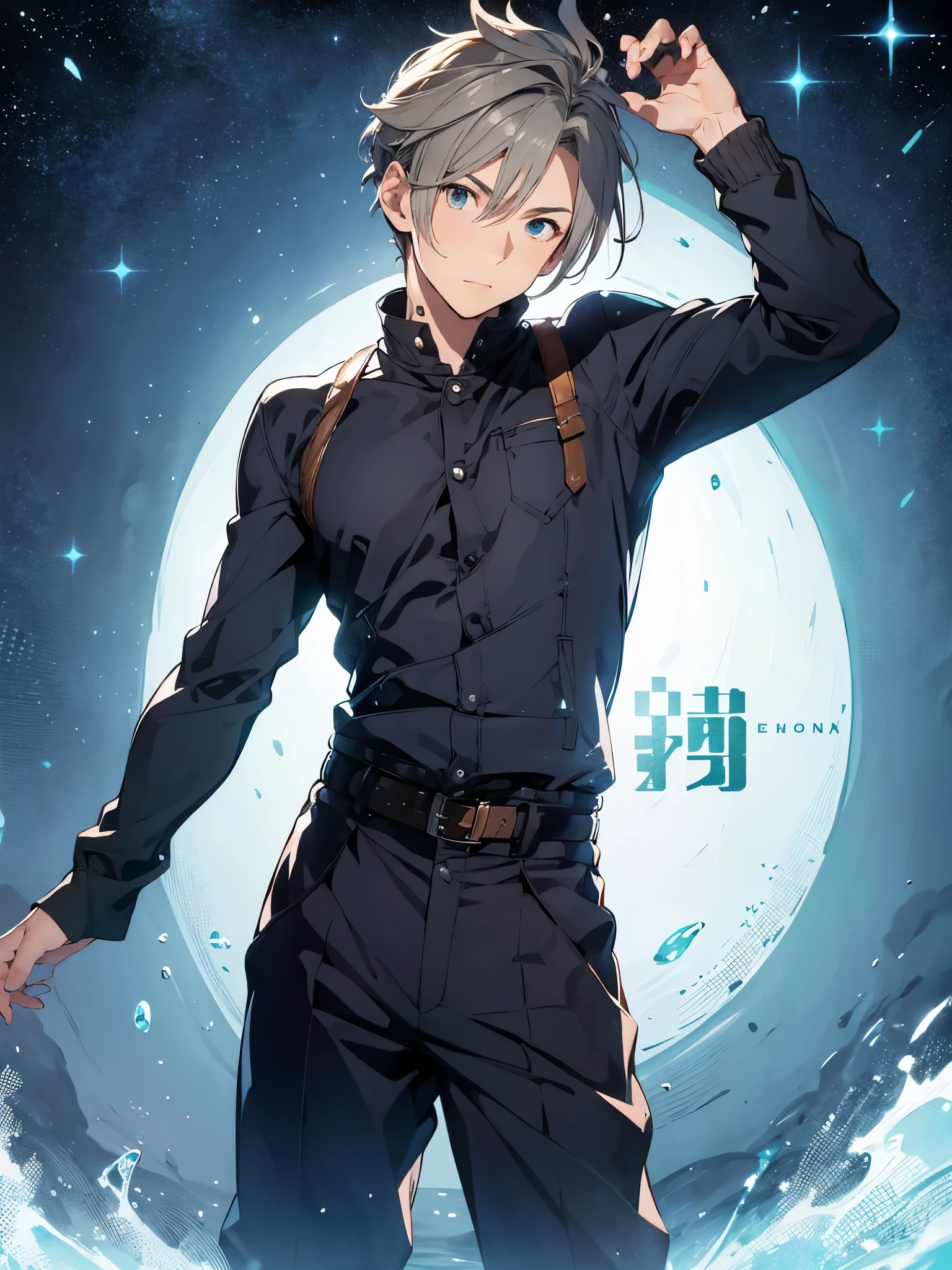 1 tall 25 year old man with gray hair, ojos gris. Su atuendo es capa azul con capucha, camisa blanca con botones y bermuda verde, usa guantes, belt and boots. Standing position with one hand raised. Pose masculina. Cuerpo completo. Lanzando fuego de su mano. Threatening feeling. Jauria de lobos alrededor. Desafio. Ambiente oscuro. Rostro hermoso. Adulto joven. Divine feeling