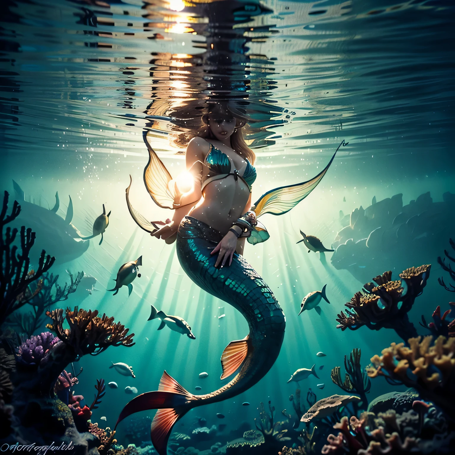  [1 girl], naked teenage mermaid swimming  underwater under deep blue ocean, thin body, small breasts, long black hair, autiful long flowing hair, [scales], graceful swimming,[serene], fish,Colorful coral reef,[ethereal],[best quality,4k,8k,highres,masterpiece:1.2],ultra-detailed,[realistic,photorealistic,photo-realistic:1.37],vivid colors,[dreamlike],[glowing],[soft lighting], swimming freely, peaceful depths, [luminous], brilliant, naked, fully exposed women body, mermaid tail