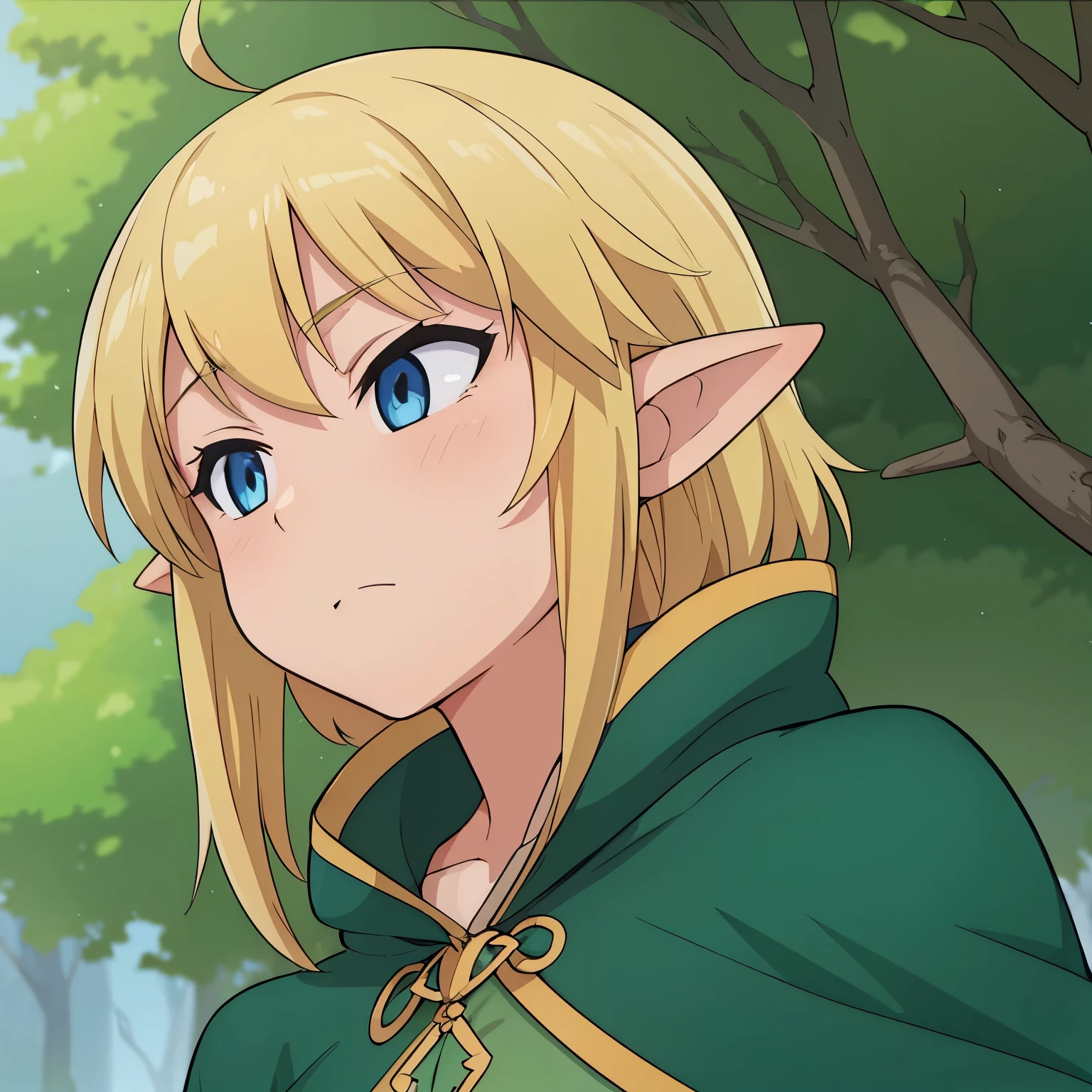 high quality, masterpiece. girl. elf. Green hunting cloak. Short blond hair. длинные elfийские уши. Blue eyes. calm face. against the background of a fox.