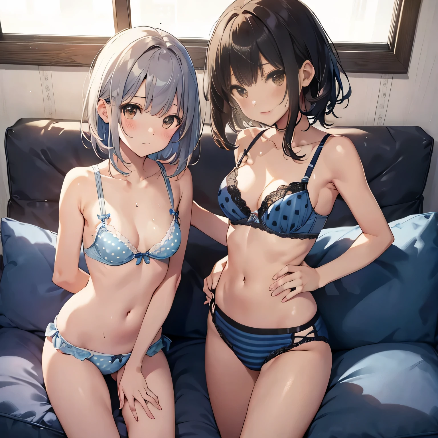 NSFW ４ｋquality, 最高quality, wonderful_Mikoto, brown eyes, short_hair, Ultra small_chest,）ホテルのベッドのwonderfulで　blue lingerie　１６Year　sexy pose　Charm　I sweat so much that my white bra rips..、pink good、blue bra、Green bra、gray bra、ライトgray bra、 striped bra、nice polka dot pattern、plaid good、cute and good、 are good、good for sports、camisole、cotton panties