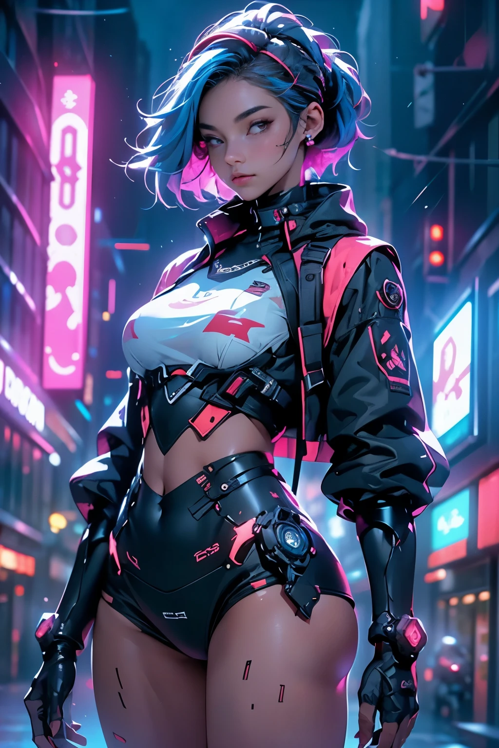 ((Best quality)), ((masterpiece)), (detailed: 1.4), (Absurd), light-skinned lolita with micro bikini, Genesis evangelion neon style clothing, red and white stripes, blue arms with white stars, 2 piece clothing, colored hair, tattoo on arms, cybernetic hand, pastel, centered, scale to fit dimensions, HDR (High Dynamic Range),Ray Tracing,NVIDIA RTX,Super-Resolution,Unreal 5,Subsurface dispersion, PBR Texture, Post-processing, Anisotropic filtering, Depth of field, Maximum clarity and sharpness, Multilayer textures, Albedo and specular maps, Surface shading, Accurate simulation of light-material interaction, Perfect proportions, Octane Render, Two-tone lighting, Wide aperture, Low ISO, White balance, Rule of thirds, 8K RAW, crysisnanosuit
