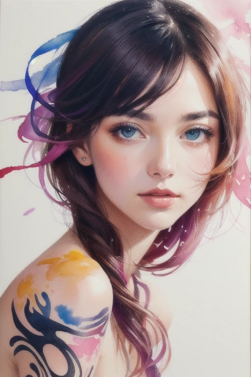 (8k, best quality, masterpiece:1.2),(best quality:1.0), (ultra highres:1.0), watercolor, a beautiful woman, shoulder, hair ribbons, by agnes cecile, half body portrait, extremely luminous bright design, pastel colors, (ink:1.3), autumn lights