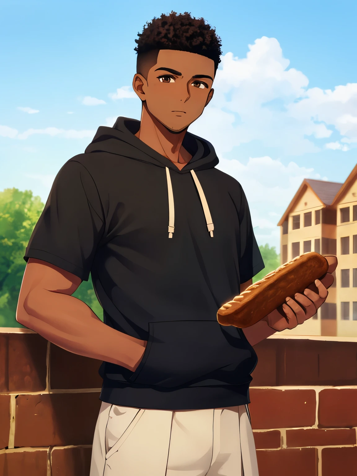 masterpiece, best quality, outdoor, 1man, cowboy shot, school_uniform, Dark-skinned man with brown eyes and black hoodie, with the color of dark skin, Curly High Top Fade, short bread.