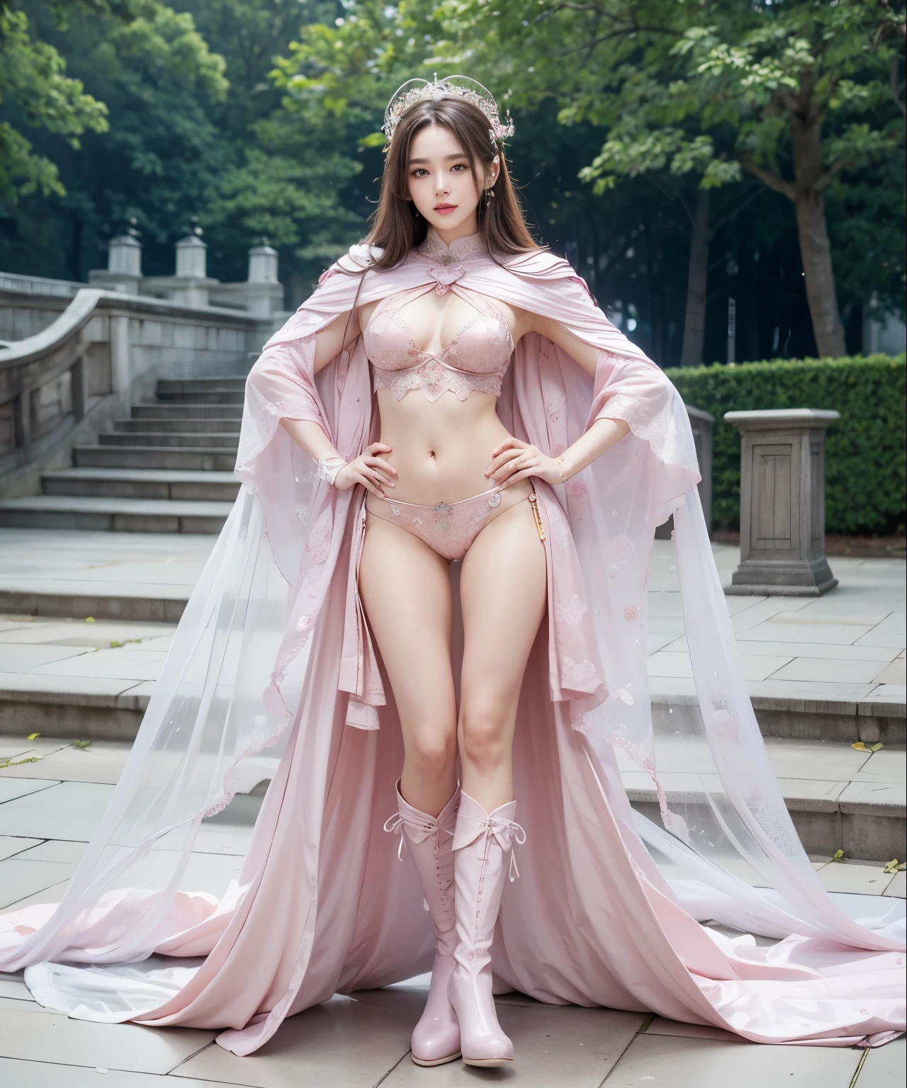 beautiful and delicate woman,The eyes and face are very detailed, exquisite eyes, super detailed, High resolution, The content is very detailed,best quality,EnLightenment,unity,8k wallpaper,masterpiece,best quality,imagine，1 girl，Wear sexy pink bikini armor，Armor patterned metallic style pink priest cloak，priest hat，standing posture，long legs，put on pink boots，look at the audience，facing the audience，flowing long hair，Surreal 8000g，Impeccable，masterpiece，professional artwork，famous artwork，Light，movie bloom，perfect face，pretty face，fantasy，Dreamy and magical，not real，intricate details，Exquisite pattern…Korean woman’s face
