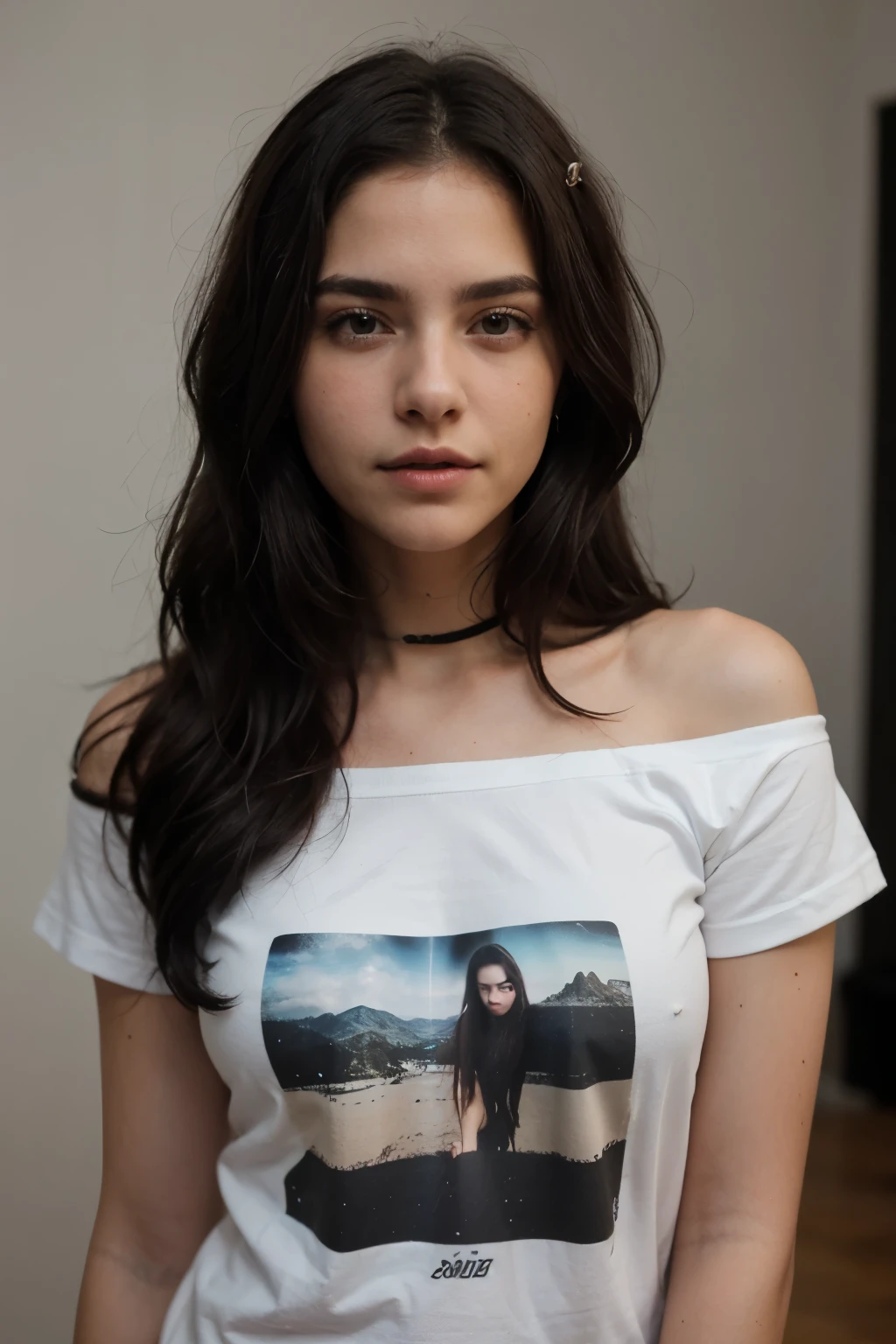 ((Mejor calidad)), ((obra maestra)), (detallado), cara perfecta, ((realistic photography)) ((modo selfi)) ((mejor calidad)) ((20 year old girl)) ((bonita, con piel muy blanca)) ((with wavy black hair that is shoulder length,)) ((ojos semi grises verdoso,)) ((nariz semi finita)) ((y labios bonitos,)) ((cara afeminada y muy linda)). ((con una camiseta color negro)) ((cabello medio emo))