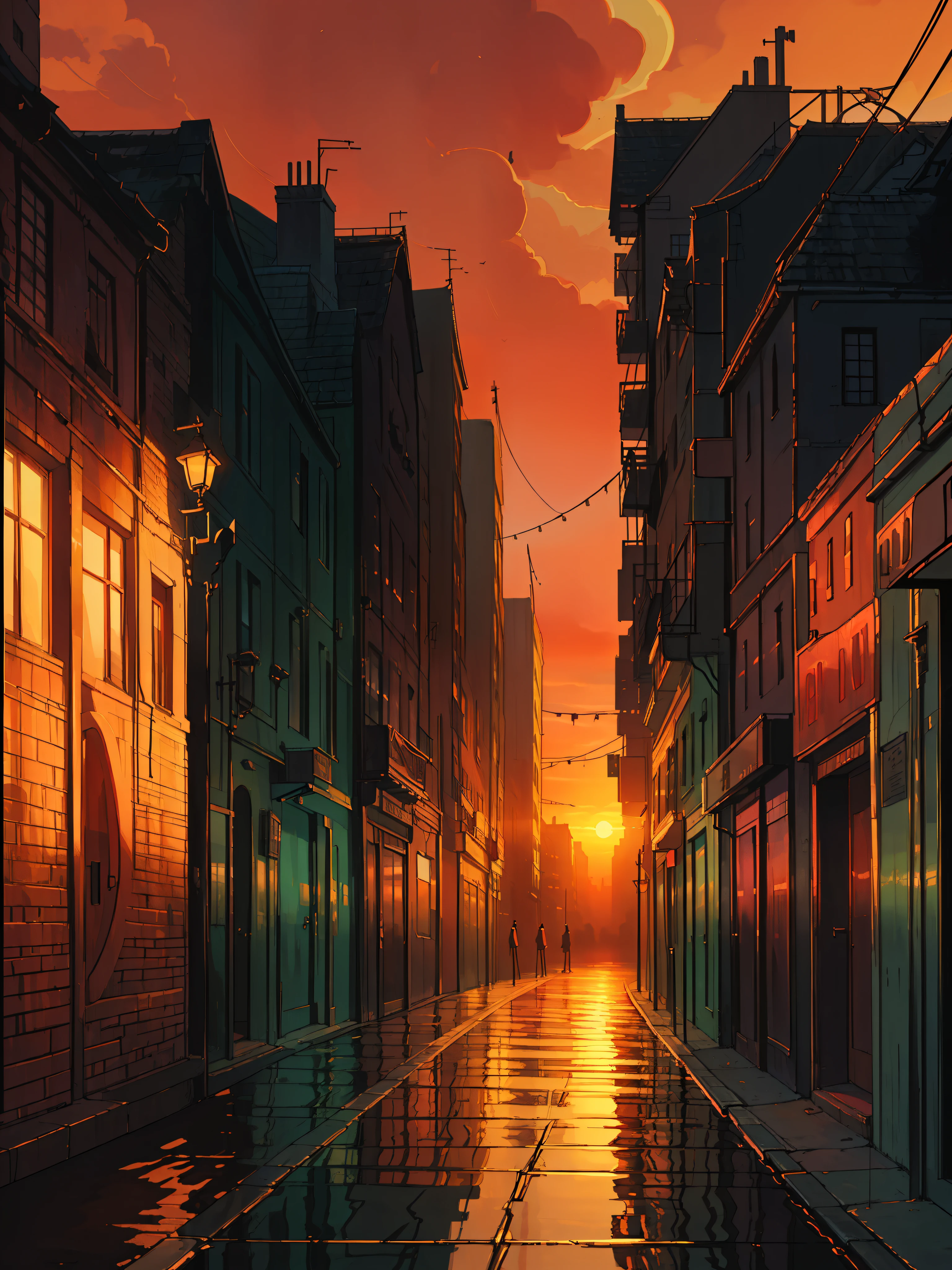 (masterpiece:1), (wide view:1.7),(a road of NYC:1.7), (golden hour:1.3), (modern skyscrapers.6), (sunset tones:1.65), silence, (orangish red sky:1.5), (golden red hues on buildings:1.5), (soft light:1.4), (reflection:1.5), magnificent sky, (volumetric light:1.2), peaceful, (zebra crossing:1.4), (aesthetically pleasing:1.5),(bright light:1.3), (calmness:1.3), (wires and poles:1.5), (footpath:1.4), (beautiful aesthetics:1.2), (sign boards:1.7), (shadow:1.4) beautiful tones, subtle colors, peaceful, (illustration: 1.0), epic composition, realistic lighting, (no human:1.6), HD details, masterpiece, best quality, ,