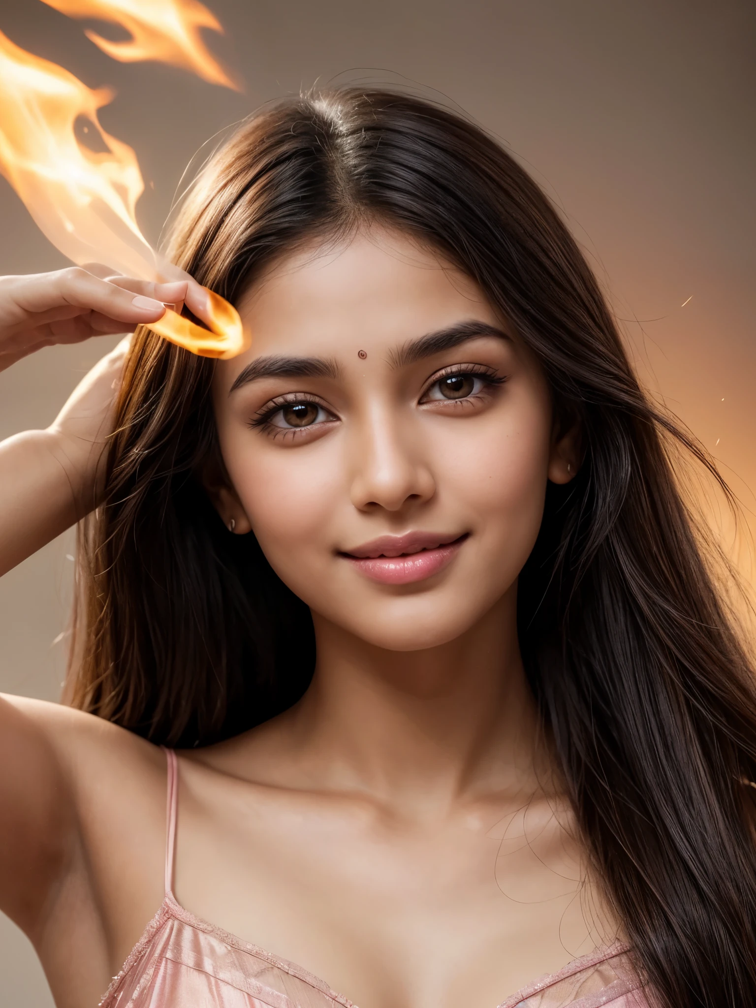 Fair Indian complexion with a healthy glow. Young girl (20yo)
Large, almond-shaped orange eyes that shimmer like flickering flames, framed by long, dark eyelashes.
Straight eyebrows elegantly frame her face.
Dark brown hair cascades down in sleek strands.
A small, distinct black dot on the upper side of her left cheek.
A straight nose with a subtle curve.
Thin, well-defined lips with a natural pink hue.
Radiant smile that exudes warmth and happiness.
