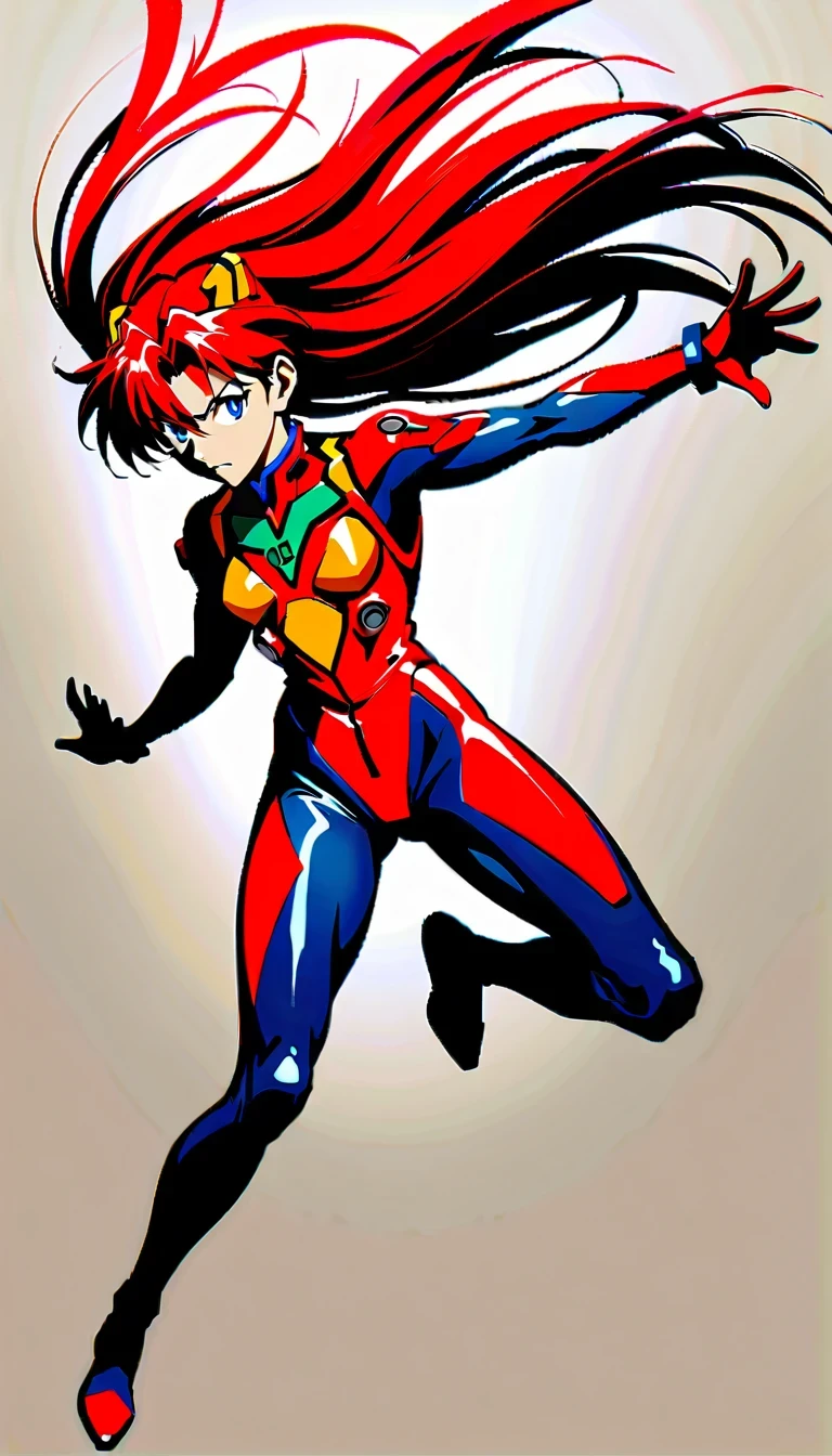 whole body,Neon Genesis Evangelion, Asuka Langley Soryu, Red hair, confident, Strong, Pilot uniform, EVA unit, anime style, detailed facial features, dynamic poses, bright colors, high quality, fair, absurd