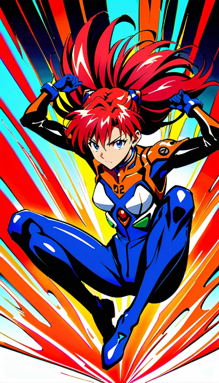 whole body,Neon Genesis Evangelion, Asuka Langley Soryu, Red hair, confident, Strong, Pilot uniform, EVA unit, anime style, detailed facial features, dynamic poses, bright colors, high quality, fair, absurd