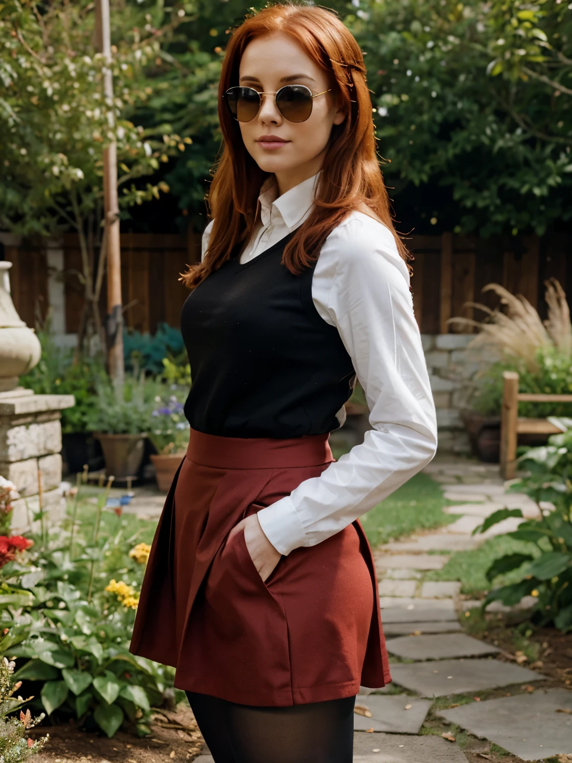 Thick red hair , outside,tights, skirt, sunglasses , garden