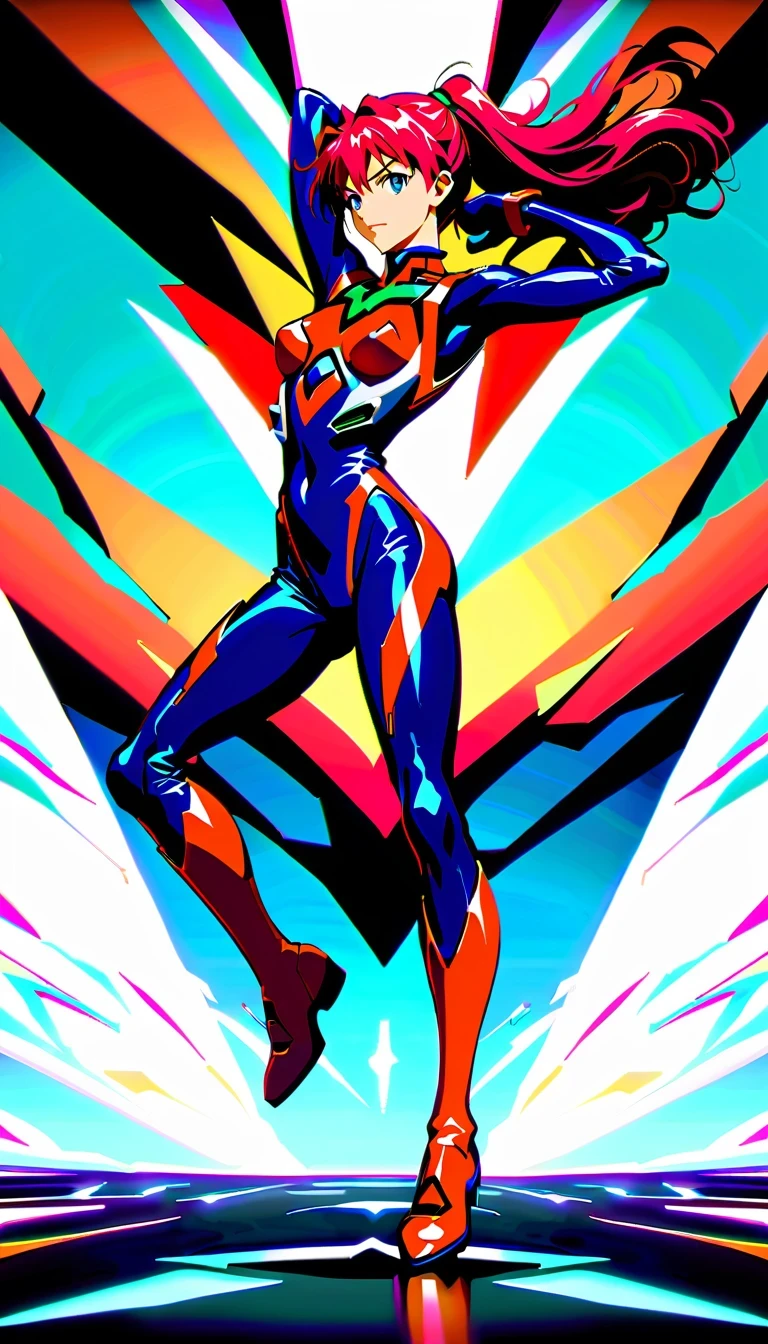 whole body,Neon Genesis Evangelion, Asuka Langley Soryu, Red hair, confident, Strong, Pilot uniform, EVA unit, anime style, detailed facial features, dynamic poses, bright colors, high quality, fair, absurd