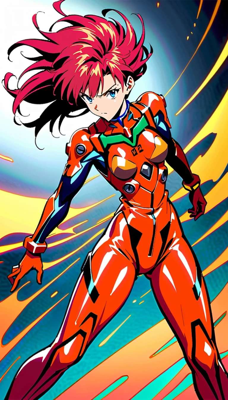 whole body,Neon Genesis Evangelion, Asuka Langley Soryu, Red hair, confident, Strong, Pilot uniform, EVA unit, anime style, detailed facial features, dynamic poses, bright colors, high quality, fair, absurd