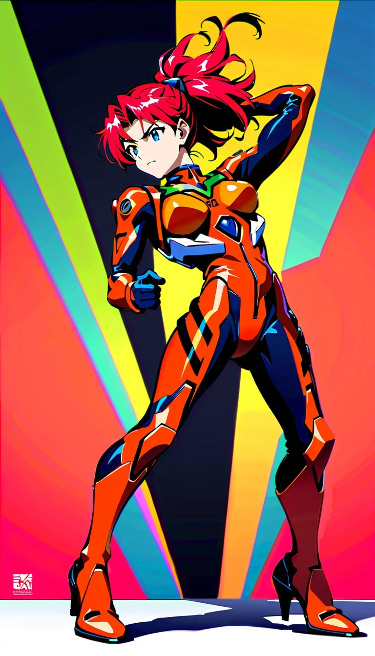 whole body,Neon Genesis Evangelion, Asuka Langley Soryu, Red hair, confident, Strong, Pilot uniform, EVA unit, anime style, detailed facial features, dynamic poses, bright colors, high quality, fair, absurd