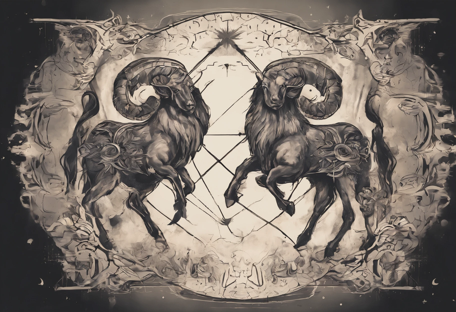 Design of a tattoo of the Aries and Sagittarius sign, efecto de sombras y humo negro