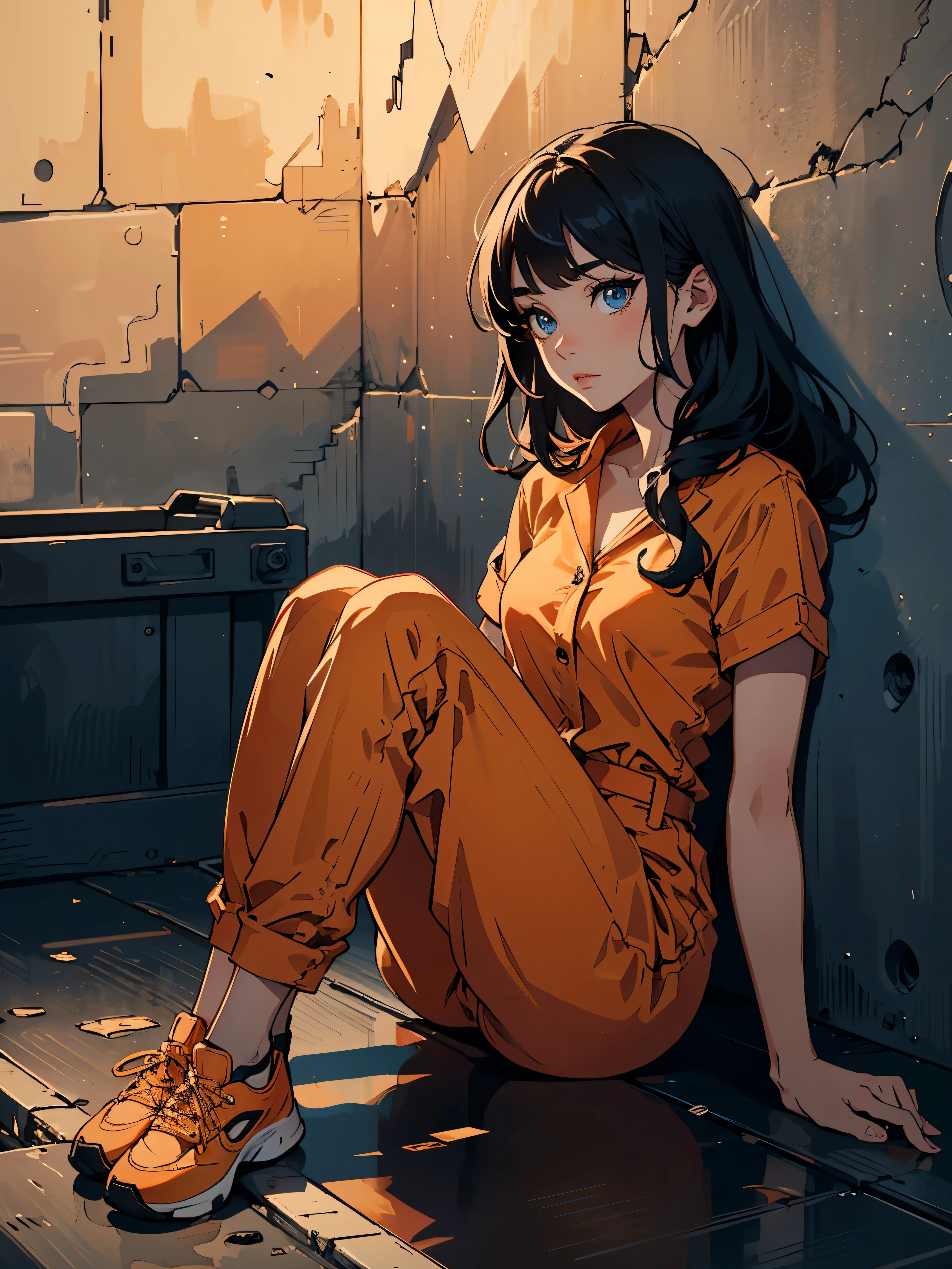 masterpiece, high quality, illustration, extremely detailed, 1_women, (full body), sitting, sitting on ground, curled up, knees to chest, (black hair), long hair, (Caucasian skin_complexion:1.4),mature, (looking away from viewer), sleepy, beautiful, exotic, elegant, slim, medium bust, diamond shaped eyes, ((blue eyes)), dark_eyeliner, long_eyelashes), raised eyebrow, wearing ((orange)) prison jumpsuit, short sleeves, orange pants, inside prison cell, twilight hour,