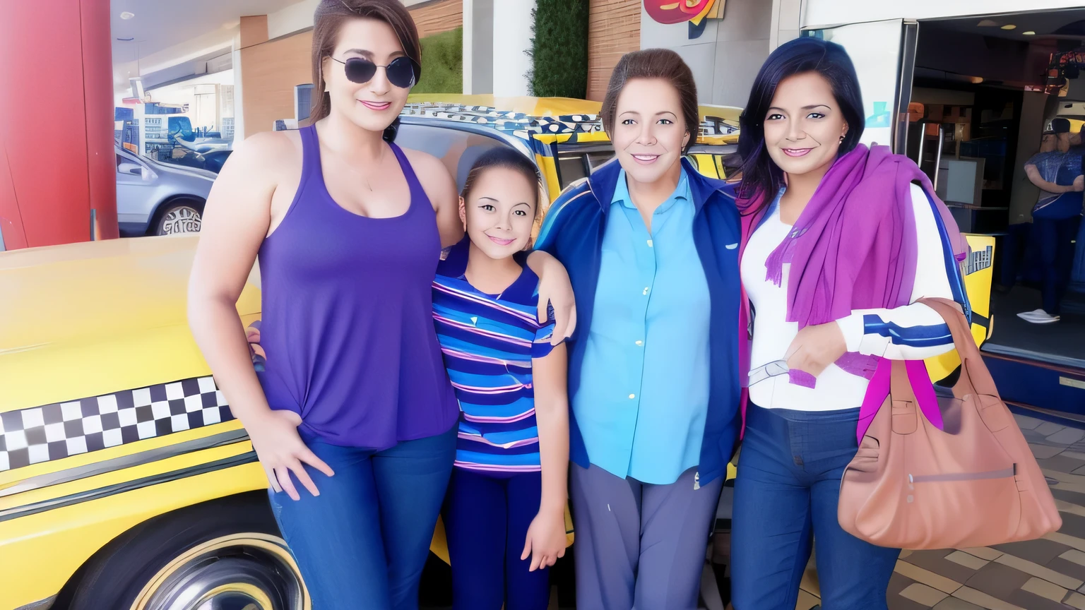 there are three women and a girl in front of a taxi, pillar, a car, , taxis, family photo. clear photo of Latinas, high quality, high resolution, art, 8k.