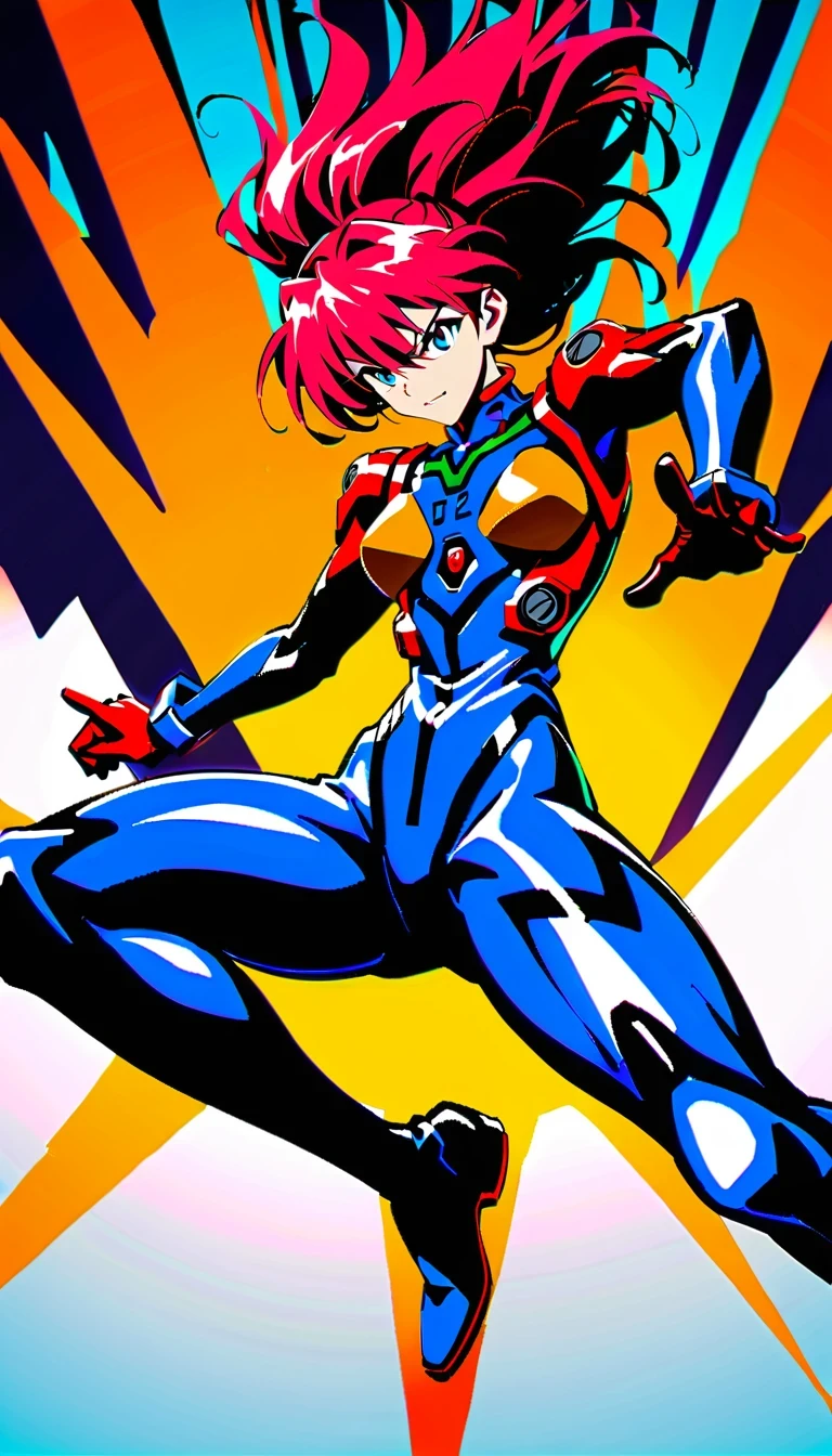 whole body,Neon Genesis Evangelion, Asuka Langley Soryu, Red hair, confident, Strong, Pilot uniform, EVA unit, anime style, detailed facial features, dynamic poses, bright colors, high quality, fair, absurd