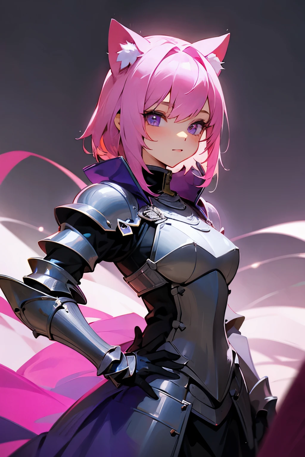 Cute girl, pink hair, violet eyes, cat ears, knight armor,