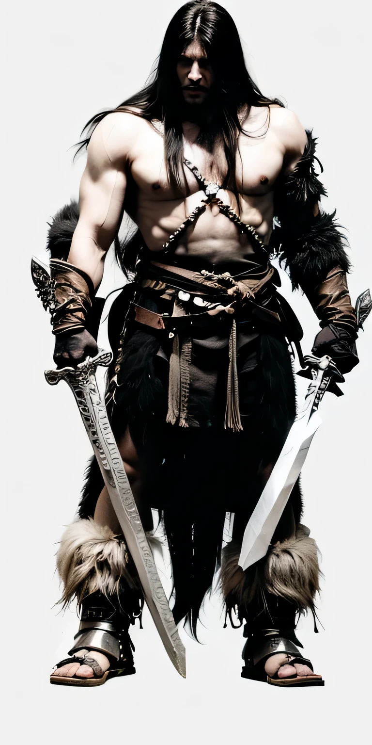 Hyper realistic barbarian holding sword, masterpiece, manly face