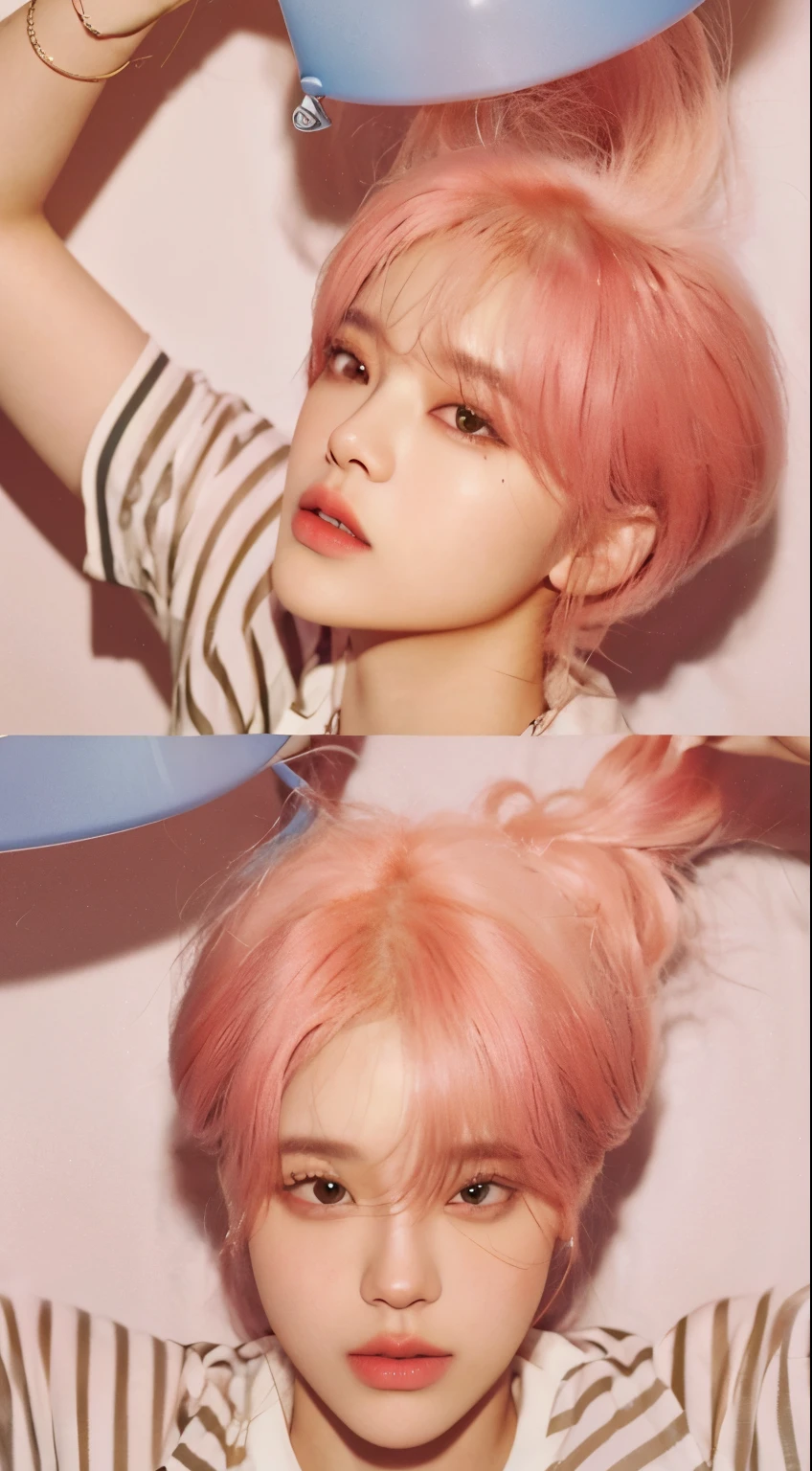 there are two pictures of a man with cabelo rosa blow drying his hair, Jimin\the full lips, BTS, Jimin, park Jimin, Jimin\o nariz grego, with cabelo rosa, cabelo curto rosa, cabelo rosa, bubblegum hair, hyung tae, Retrato de Jossi do Blackpink, Jimin\the right eyelid is swollen, Peach and Gum Style