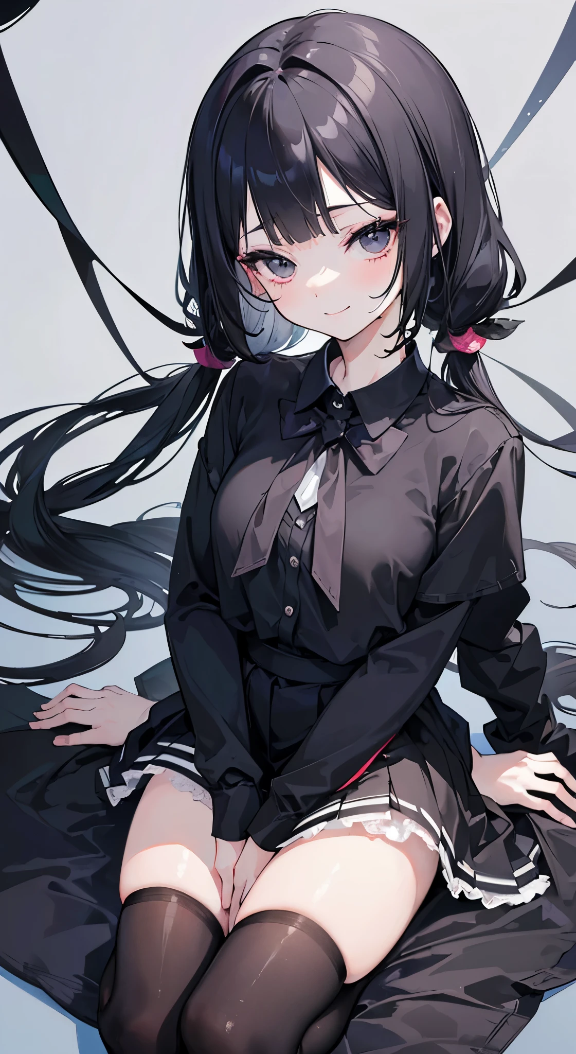 ((masterpiece,best quality))、only one woman,black eyes,black low pigtails,blunt bangs,hime cut,smile,delicate hands,anime,illustration,Two dimensions,beautiful girl,Erase extra arms,Erase extra legs,Erase extra fingers,other color clothes,same hairstyle,schoolwear