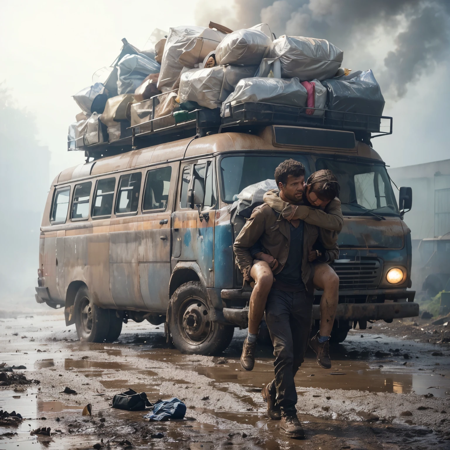 a realistic image of a man carrying his partner on his back and big traveling bag at his chest at a muddy street. In the background, there is a broken-down minibus with thick smoke coming out of the engine compartment. The minibus is loaded with numerous bags on its roof, adding to the chaotic atmosphere of the scene