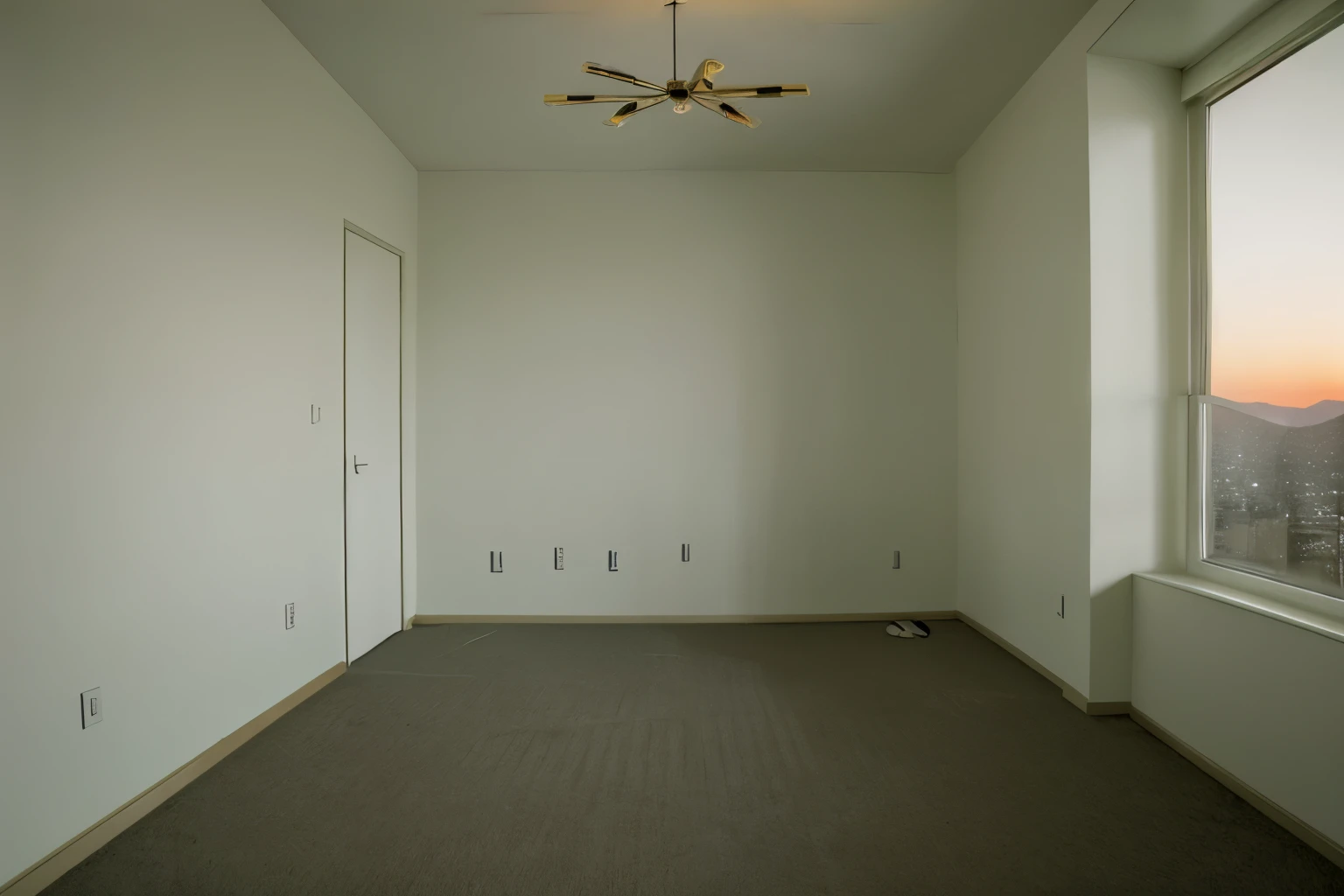 A completely alone room, al atardecer, con un poco de desorden, sin personajes en el medio, empty room without objects