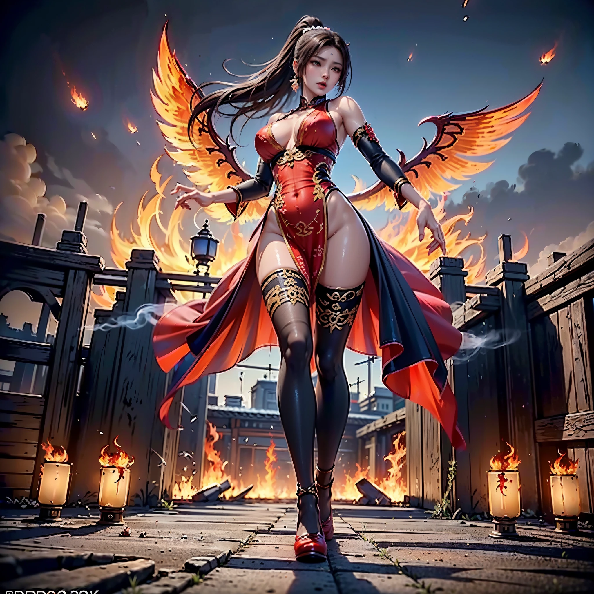 （full body picture，full body display），((epic composition，Ancient battlefield of China，A woman wearing a flowing red dress，There is a pair of flame wings behind him，whole body xianxia，high ponytail，Photographed from below，Corpses everywhere，Rich scene details，siege，Smoke was everywhere，In the distance is the tall city gate，The flames illuminate the sky red))，(25 years old，Majestic and stern expression),((anatomically correct，8k, super detail, UHD, masterpiece, super detail, high details, high quality, award winning, best quality, highres, 1080P, HD, 4K, 8k, ccurate))