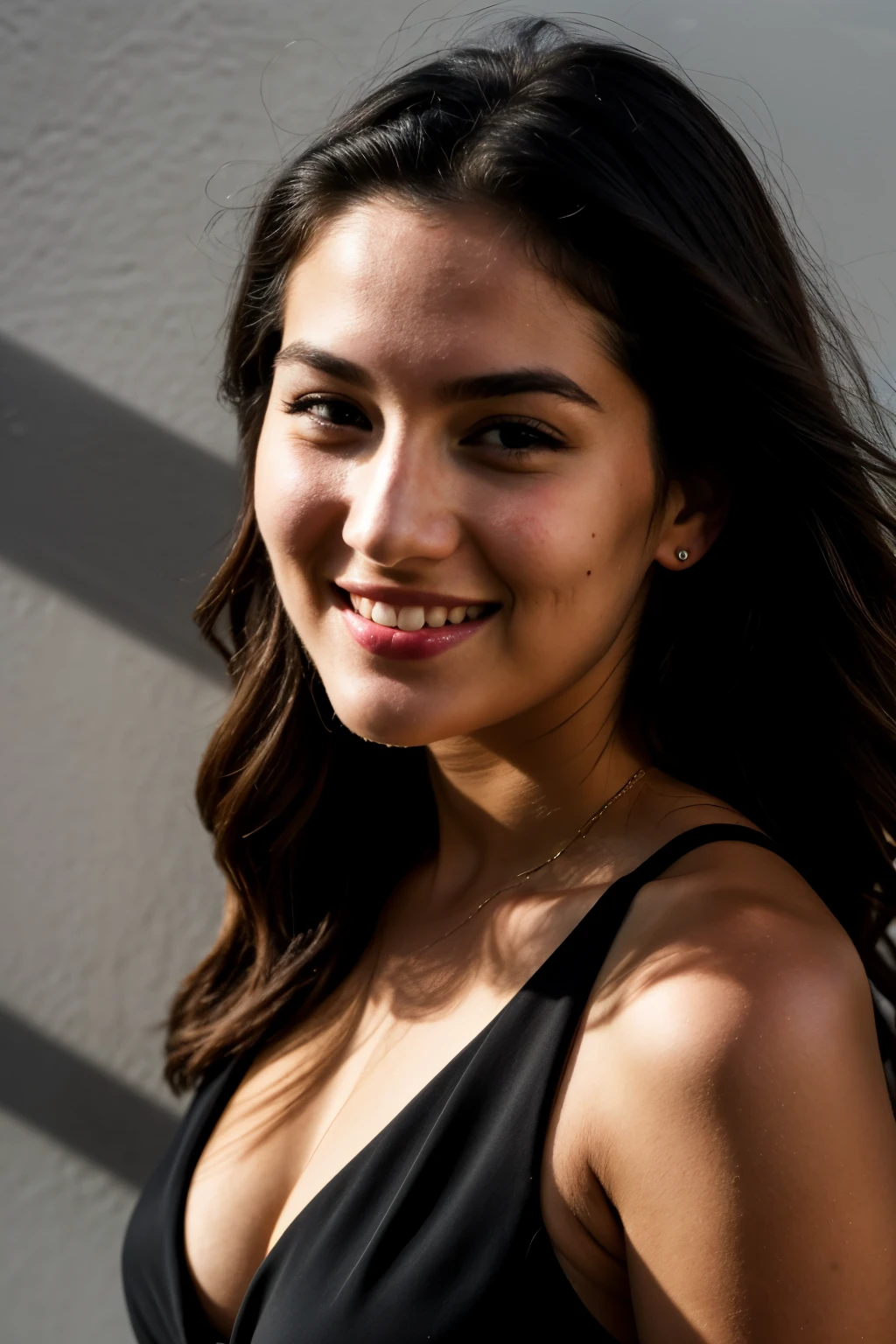 RAW photo, face portrait photo of beautiful 26 y.o woman, cute face, wearing black dress, happy face, hard shadows, cinematic shot, dramatic lighting, hanged her neck with ropes
