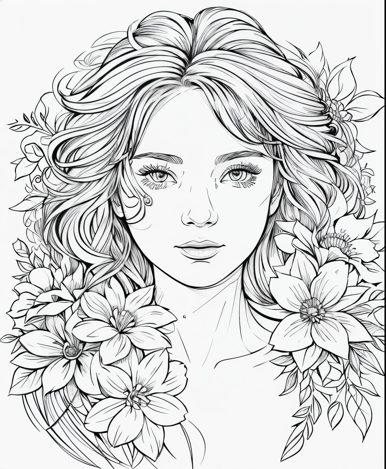 a woman with flowers in her hair and a flower wreath around her neck, line art colouring page, black and white coloring, colouring page, extremely fine ink lineart, line art, colouring pages, beautiful line art, clean coloring book page, girl with a flower face, lineart behance hd, line - art, bold lineart, coloring book outline