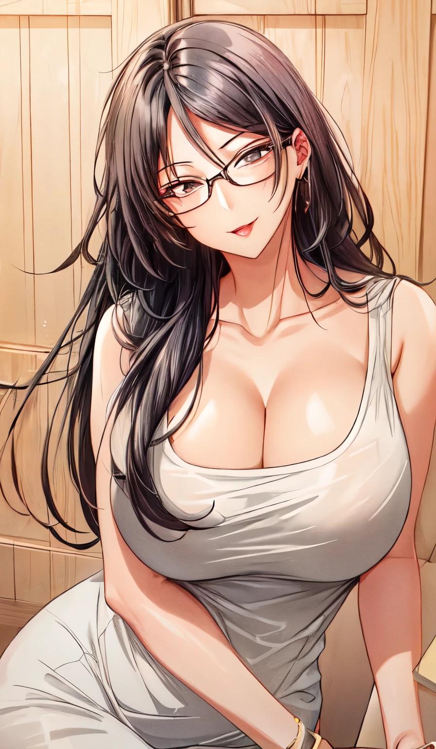 1 milf, long black hair, very big breasts, wearing glasses, seductive face