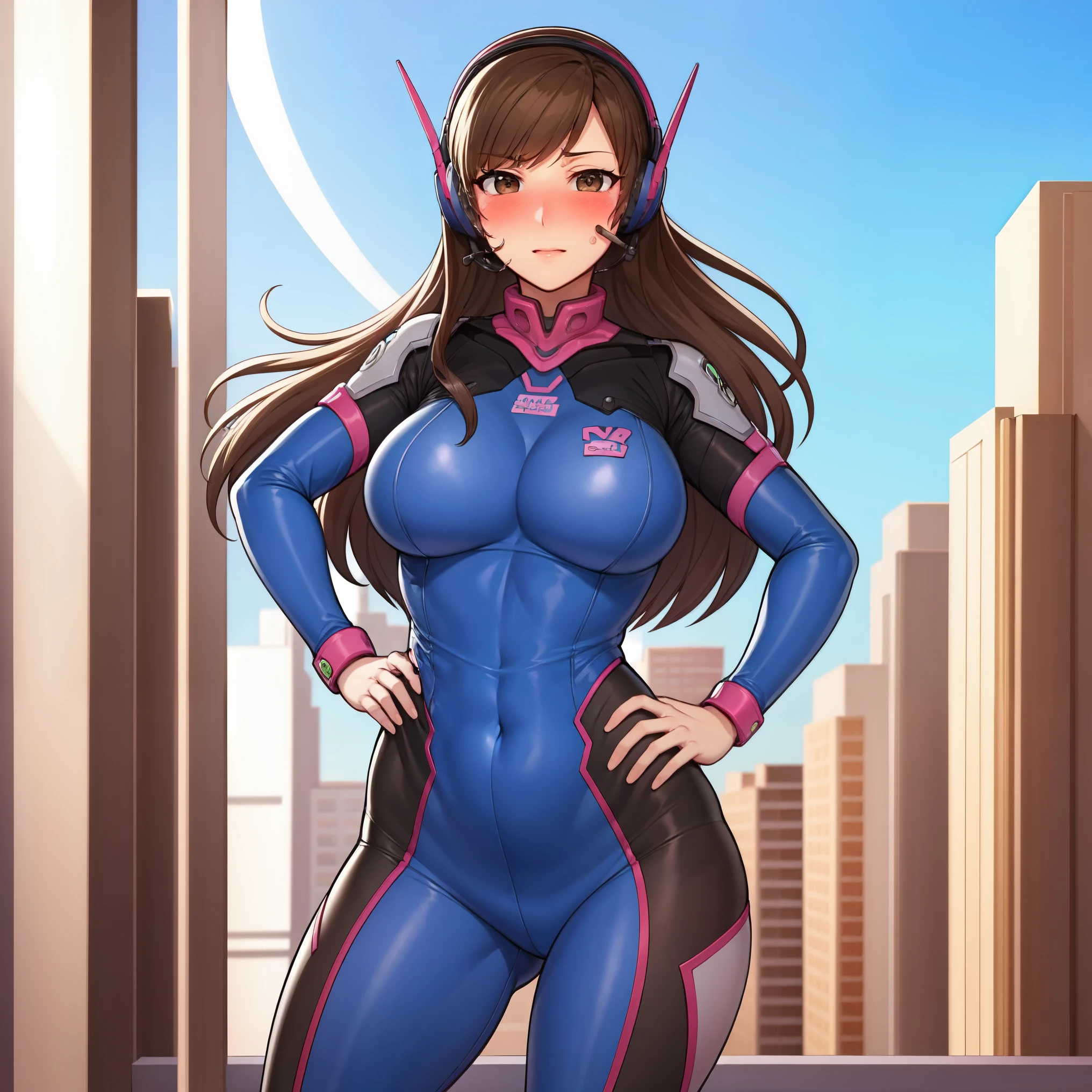 masterpiece, best quality, detailed, focus on character, (1girl:1.5), (solo:1.5), d_va, long hair, antenna hair, bangs, (brown hair:1.5), (brown eyes:1.5), (bodysuit:1.5), (curvy body:1.0), (headset:1.5), (big breasts:1.5), (cowboy shot:1.5), (borrowed), (embarressed), (blush:1.5), (looking at viewer:1.5), (standing:1.5), (room:1.5), (city:1.5), (sky:1.5), (hands on own hips:1.5)