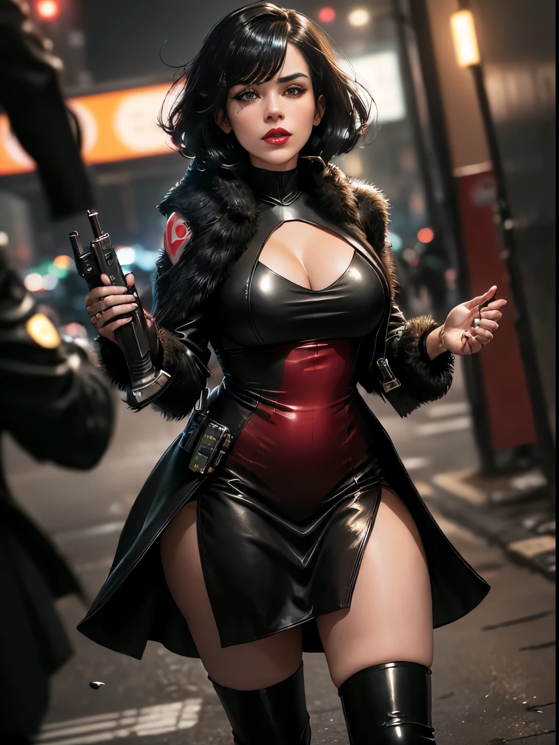 (8k,1080p,realistic skin texture,realistic,masterpiece:1.4, best quality,high-res,HDR:1.5), (((full body, full shot))), 1girl, ((mature woman, stunning body)) woman assasin, ear pendants, necklace,((silk sexy short dress:1.6)),((makeup:1.4)),((encouraged face:1.6, looking over nose:1.3)),parted lips,beauty,delicate face,beautiful face,perfect face,shiny skin,long eyelashes,((short hair)),((black hair, highlights hair:1.4)),(((black leather long coat:1.6, luxury long coat))),((sexy black short silk dress, intrincate dress design:1.4, detailed dress, high thight over knee heel boots))), bright eyes,((red lipstick:1.5)),breasts,slim waist,wide hips,bubble butt, (((gun in hand, glock 9mm handgun, holding pistol, good gun grab))),((in city, city scene,high detailed background:1.2)),((neon lights everywhere:1.3)),(((street glow everywhere))),moon in the sky,bright lighting,bright colors,film filter,alluring,(((stretching))),dynamic shot,walking to viewer,(night),fierce wind
