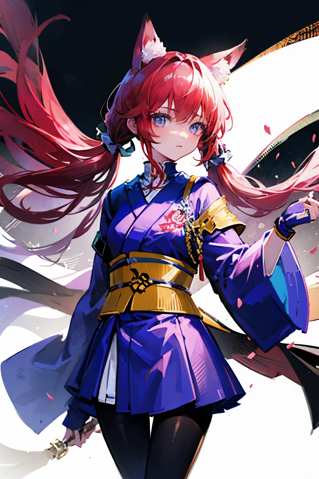 highest quality　small details　anime　fox ears　transparent eyes　twin tails　kimono　pink fade to red hair