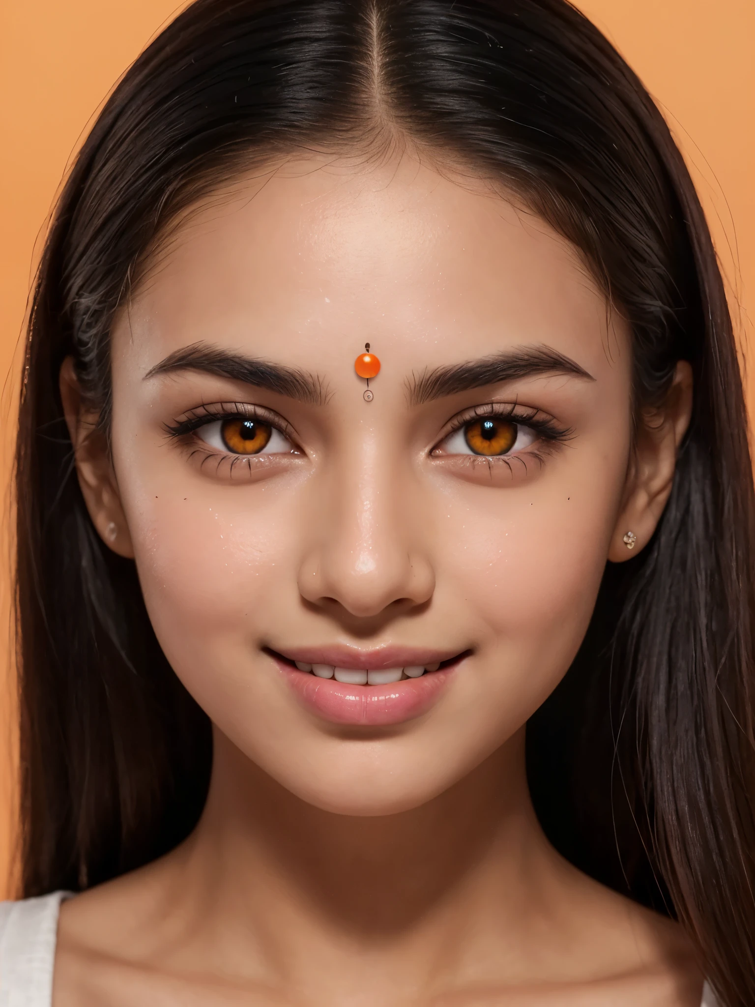 Fair Indian complexion with a healthy glow. Young girl (20yo). (orange eyes, (orange pupils), (glowing eye), framed by long, dark eyelashes).
(Straight eyebrows elegantly frame her face).
(Dark brown hair cascades down in sleek strands).
(A small, one distinct black dot on the upper side of her left cheek). (Red bindi between the eyebrows)
(A straight nose with a subtle curve).
(Thin, well-defined lips with a natural pink hue).
Radiant smile that exudes warmth and happiness.