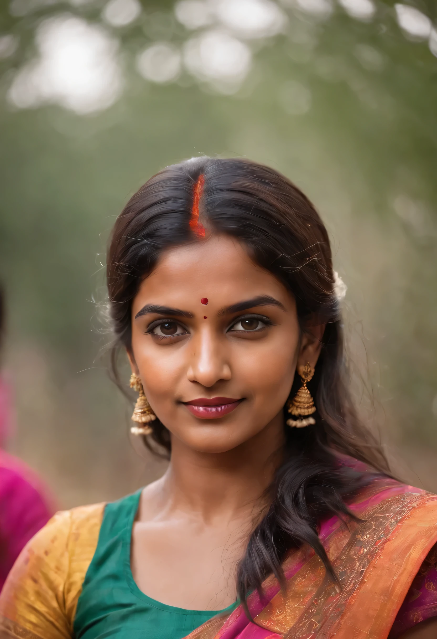 beautiful mature Indian 25 year old girl, brown skin tone, wearing traditional Indian saree, posing in holi festival setting, no other people in the shot, covered in holi colors, athlete body, brown eyes, black hairs, Indian skin tone, realistic skin texture