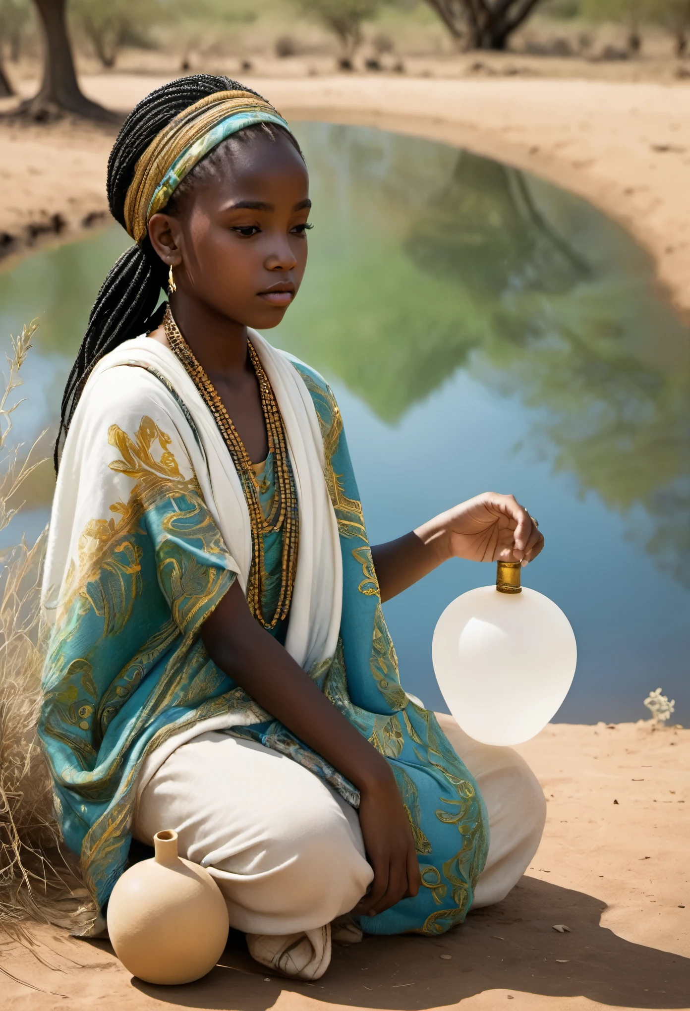 A young, dark-skinned African girl kneels near a waterhole in the African savannah, drawing water with a calabash. The girl wears a white scarf decorated with green and gold accents to which an intricate ornate ocher stone is attached. Her hair is styled in many thin, dark, ornate braids. The image is artistically designed and features a textured look with an abstract blend of cool blue tones, overlaid with touches of gold leaf and pale, intricate floral or lace designs, with delicate hints of African acacia trees in background giving it aethereal feeling. The overall atmosphere of the work should be gentle and picturesque, with a mosaic of bright, soft colors highlighting the youthful innocence of the subject.