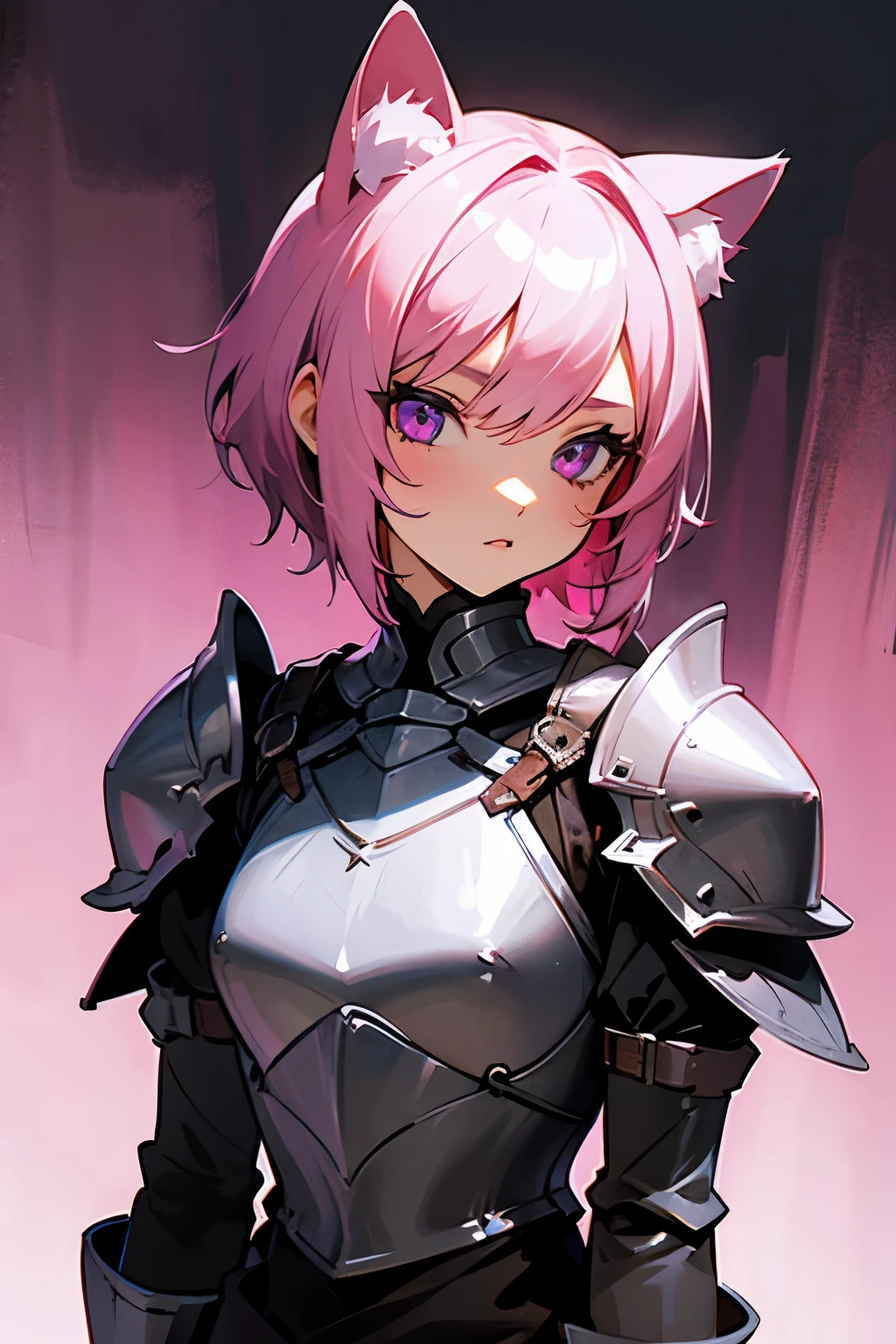 Girl, short pink hair, violet eyes, cat ears, knight armor,