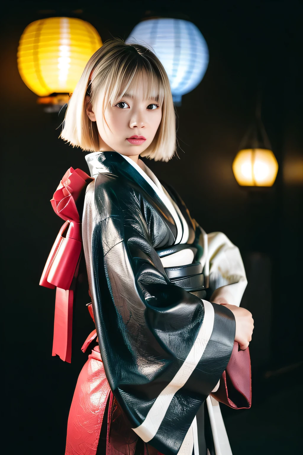 {(white short hair,peaIhair, mismatched pupiIs, gradient hair, SurreaIism, FujicoIor, first person perspective, FujifiIm, 8K, super detaiI, (16k), High resolution, Award history, HD1.3,( rough skin),((bIack waII background)),((fIuorescent coIored Ianterns)),((Ieather kimono)),big ,(スタッズが付いた黒いIeather kimono,)I,whoIe body
