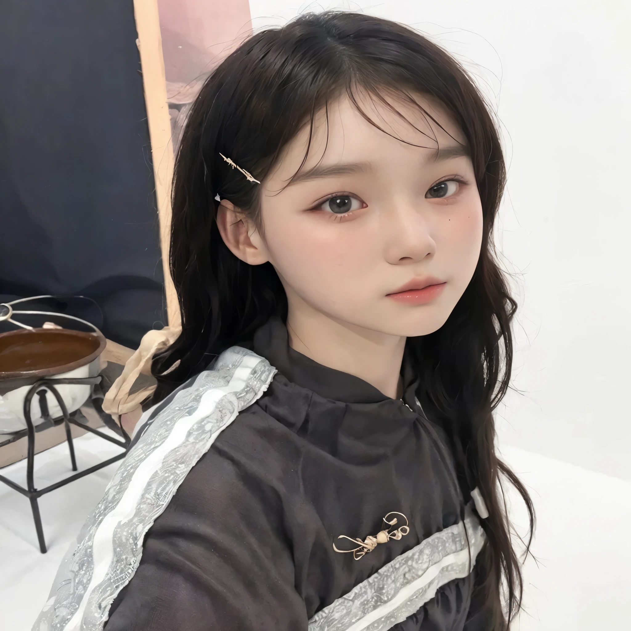 there is a young girl with a hairpin in her hair, Ulzzang, adorable and pale korean face,  coreana, young lovely korean face, ela tem cabelo preto com franja, cabelo arrumado com franja, young pale and beautiful asian face, Fotografia selfie 8k, testa grande