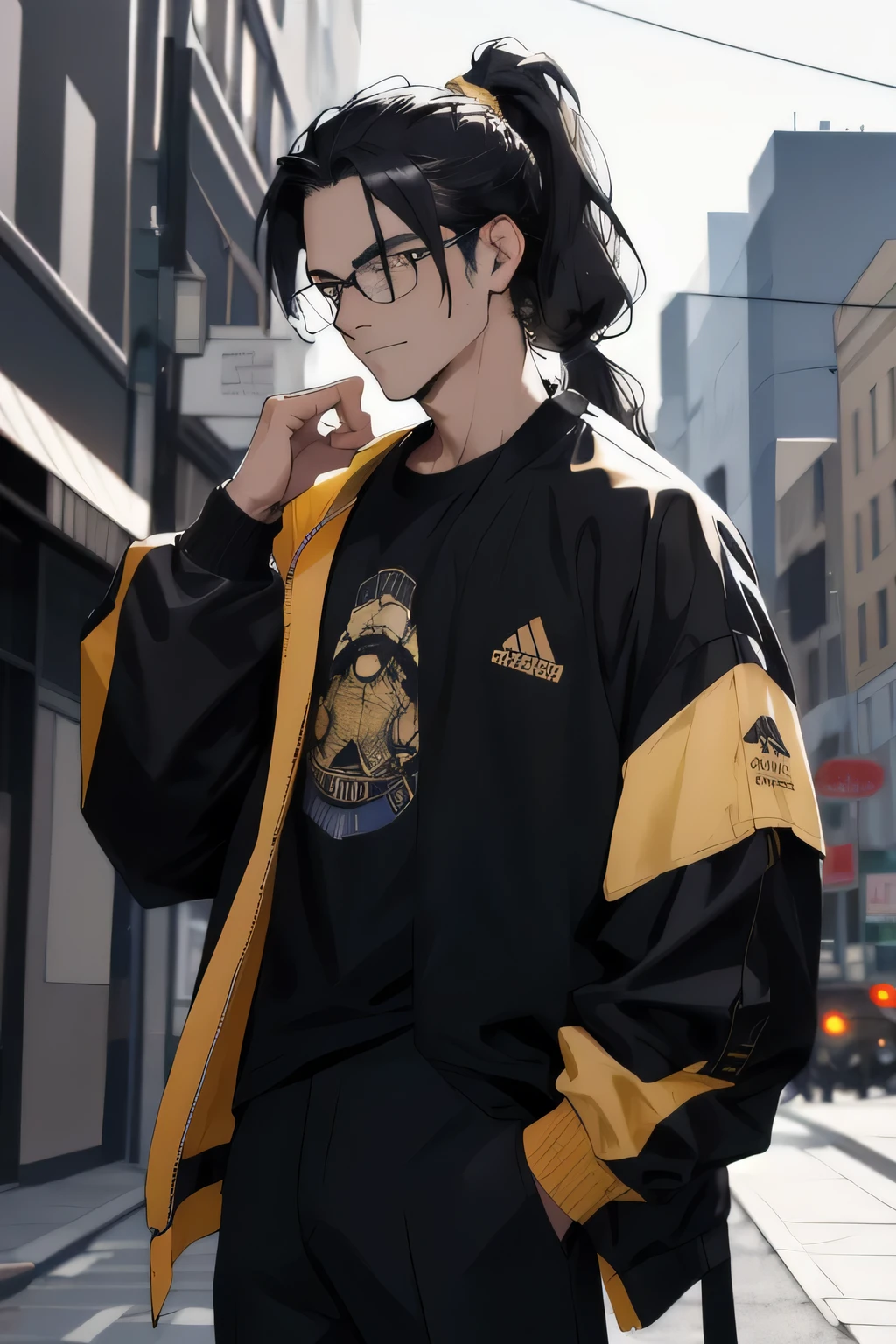 1 boy, Long hair tied into a ponytail, black eyes,wear glasses, Wearing a golden coat, black pants, Black T-shirt, City. absurd, High resolution, Super sharp, Buck, masterpiece, looking at the audience