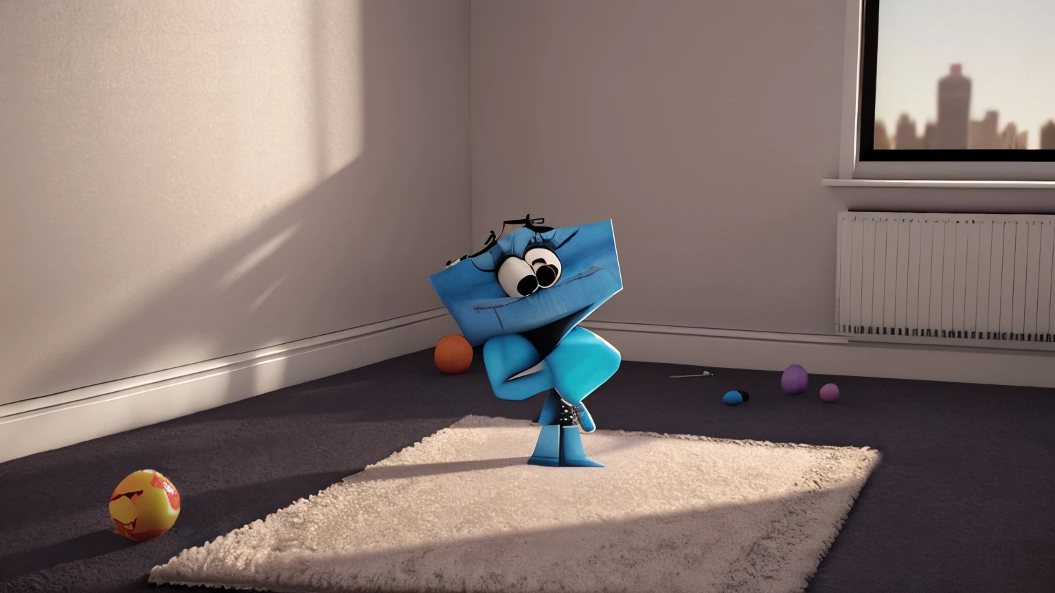 A room with a carpet completely alone, al atardecer, con un poco de desorden, sin personajes en el medio, empty room without objects, style the amazing world of gumball ((renderizado 3d)) ((Estilo 3D))