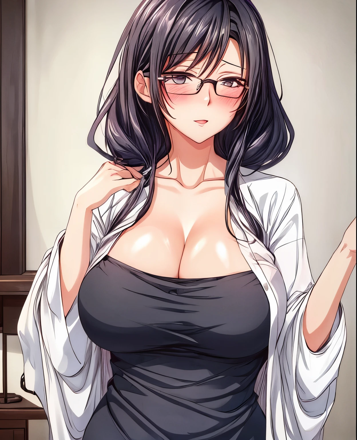 1 milf, long black hair, very big breasts, wearing glasses, blushing