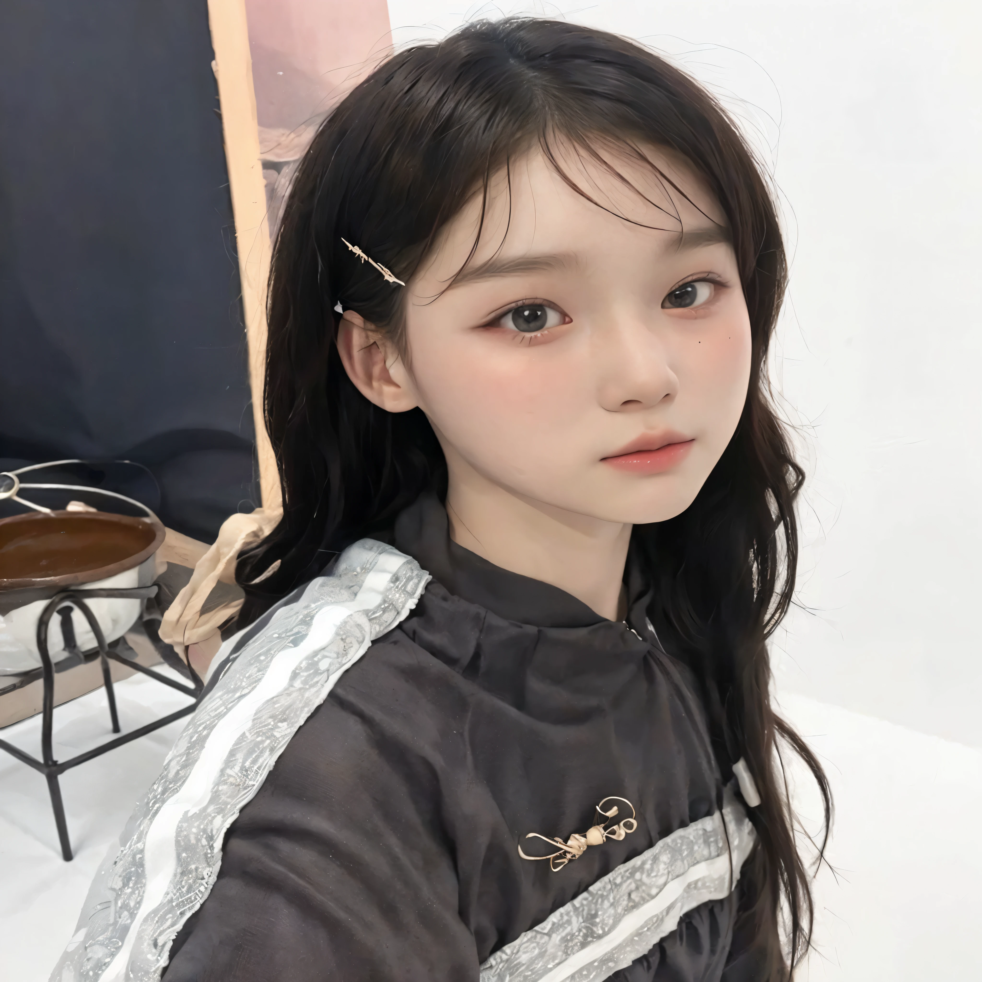 There's a young girl with a clip in her hair, Ulzzang, adorable and pale korean face, coreana, young lovely korean face, ela tem cabelo preto com franja, cabelo arrumado com franja, young pale and beautiful asian face, Foto selfie 8k, testa grande