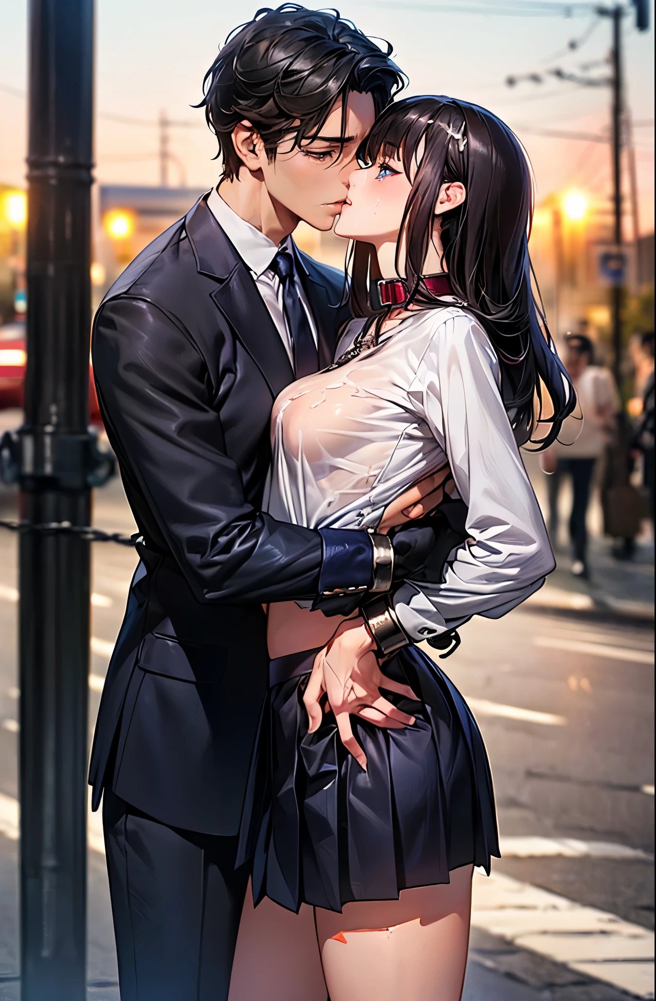 nsfw,((1man and 1woman,kiss,hug)),man hugs woman from behind、man&#39;s hand touches woman&#39;s breast:1.5),(25 year old handsome man、black formal suit、black short hair、long bangs、cold smile),    break   ((perfect anatomy:1.2,realistic,:1.3,RAW Photography:1.3,masterpiece、highest quality、Ultra - High resolution、High resolution、Highly detailed CG、8K)),cowboy shot,   break   (1 female,solo,20-year-old,beauty of japan,beautiful detailed face and eyes,big and gorgeous eyes),dark blue eyes,(black hair,long hair,blunt bangs),(medium breasts,slender body,small head:1.4, skinny), glowing skin,oily skin,walk、arms behind back,((shackles:1.5)),((white shirt with collar,long sleeve,navy pleated mini skirt、barefoot、loafer shoes)),(cum in vagina,cum on clothes,cum on body,excessive cum:1.5)、   bustling street、neon、at night、Tokyo、