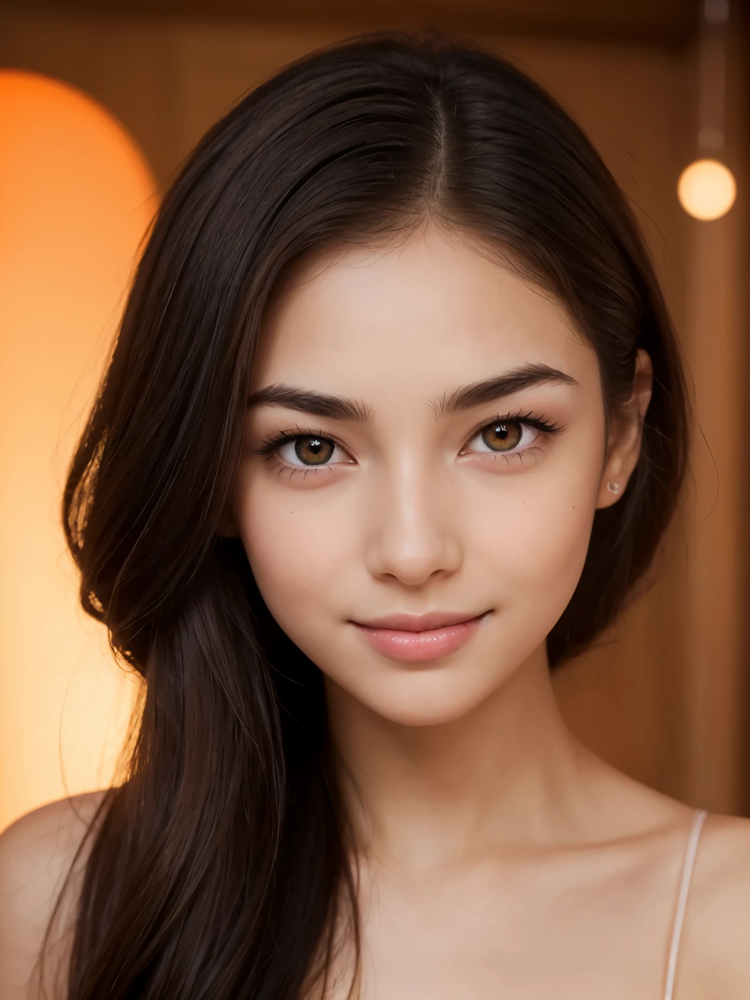Fair complexion with a healthy glow. Young girl (20yo). (orange eyes, (orange pupils), (glowing eye), framed by long, dark eyelashes).
(Straight eyebrows elegantly frame her face).
(Dark brown hair cascades down in sleek strands).
(A small, one distinct black dot on the upper side of her left cheek). (Red bindi between the eyebrows)
(A straight nose with a subtle curve).
(Thin, well-defined lips with a natural pink hue).
Radiant smile that exudes warmth and happiness.