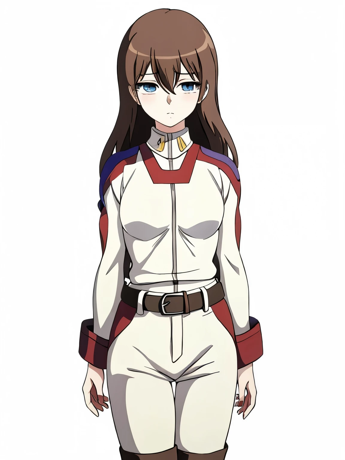 anime style, masterpiece, best quality, town, 1girl, solo, cowboy shot, hotaru, school_uniform, long brown hair, white belt, boots, emotionless eyes, shadow over eyes,
