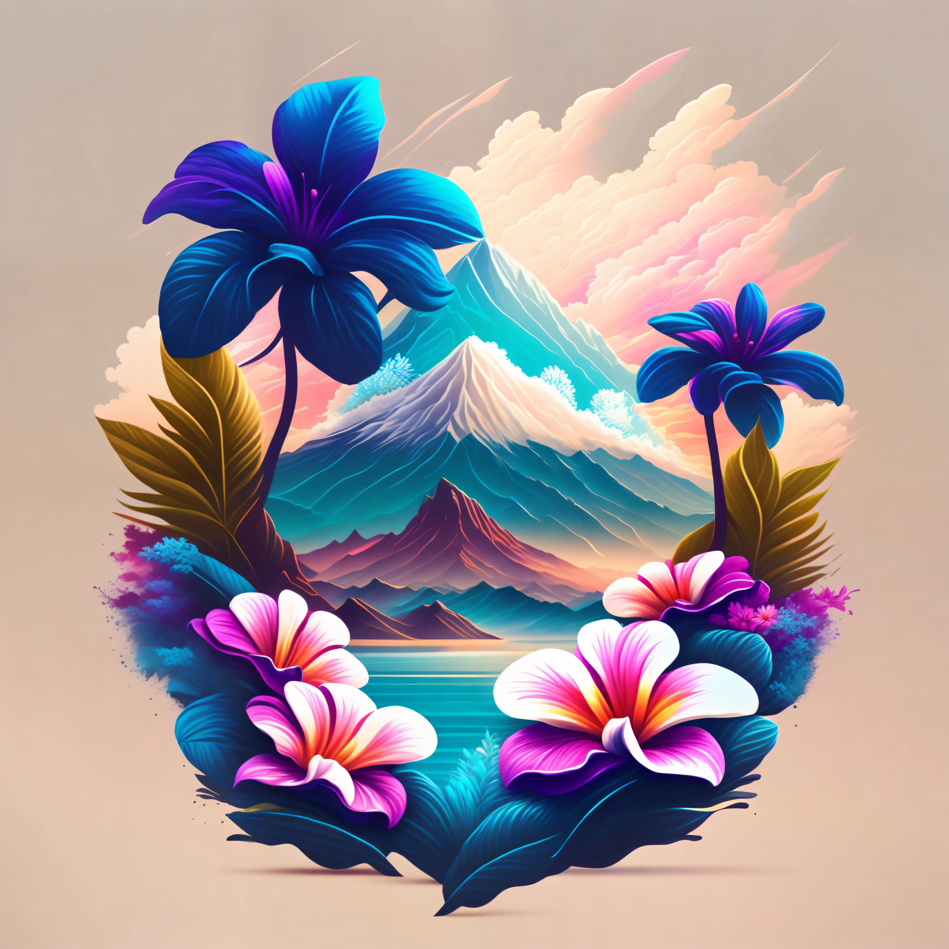 Montanhas havaianas e abundantes flores de plumeria, Arte inicial, design de camiseta, Meio da jornada, arte vetorial, Hidro74, 8 cores