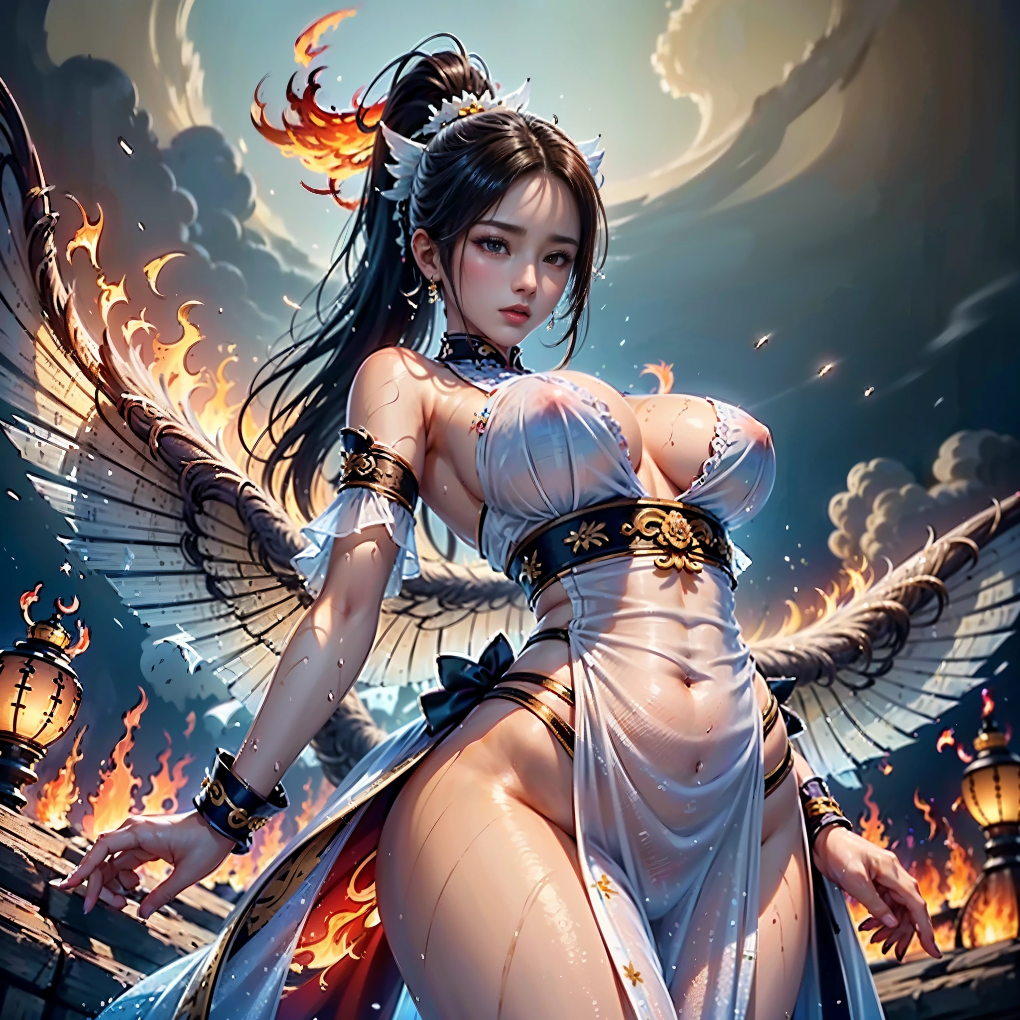 （full body picture，full body display），((epic composition，Ancient battlefield of China，A woman wearing a flowing white gauze skirt，water goddess，There is a pair of water wings behind him，whole body xianxia，high ponytail，Photographed from below，Rich scene details，Smoke was everywhere，In the distance is a tall tower，The flames illuminate the sky red))，(25 years old，Majestic and stern expression),((anatomically correct，8k, super detail, UHD, masterpiece, super detail, high details, high quality, award winning, best quality, highres, 1080P, HD, 4K, 8k, ccurate))