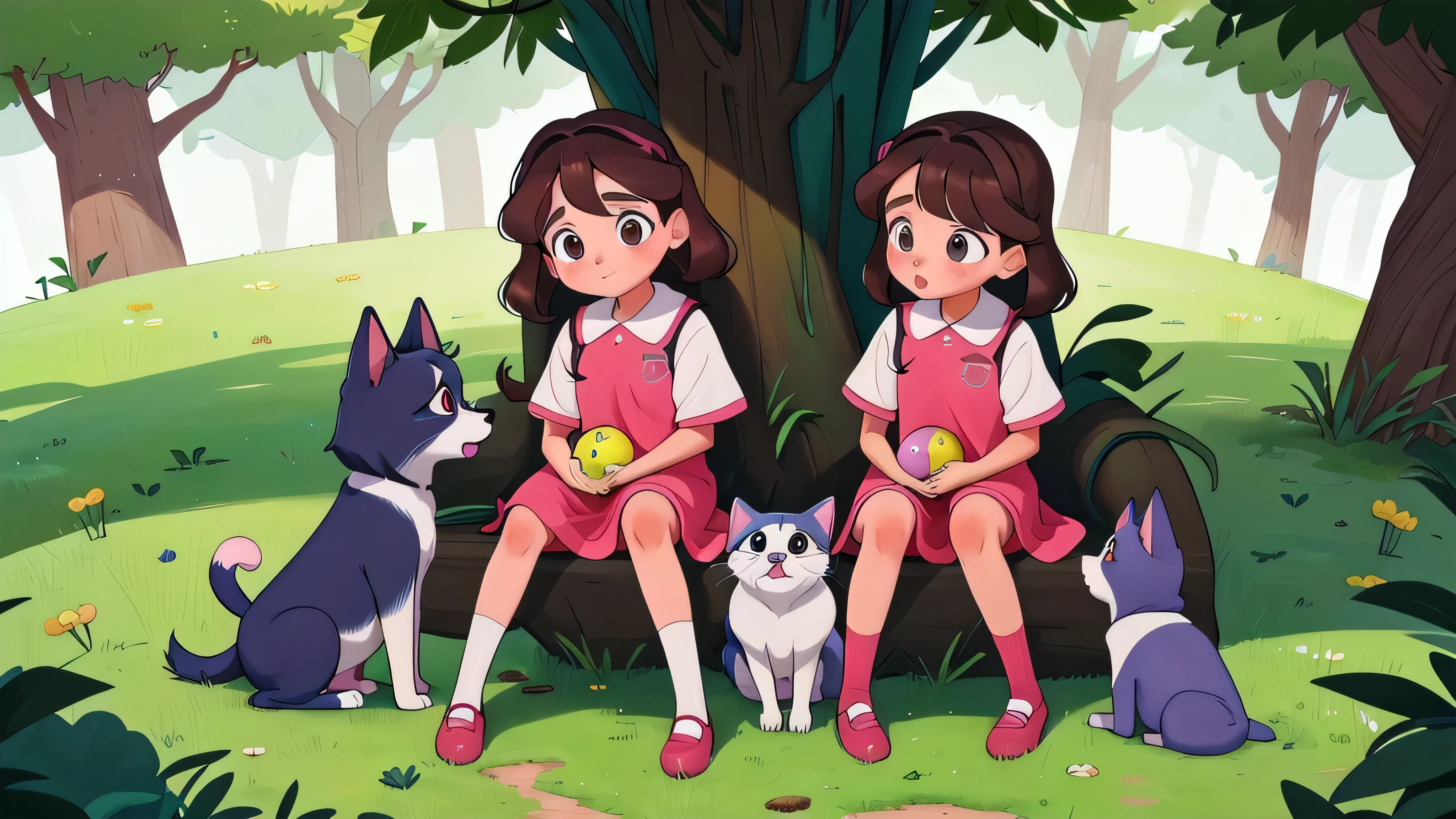 They learn about responsibility by caring for the family pets. - (Two brunette twins, de 5 anos, roupas rosa) Elas aprendem sobre as cores enquanto pintam e exploram o mundo ao seu redor. (twin 11 year old girls)